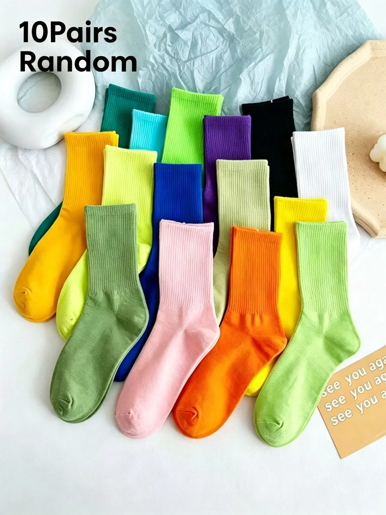 10 Pairs Random Dopamine Bright Solid Color Ribbed Knitting Crew Socks, Vibrant Rainbow Tone Stackable Mid Calf Socks, Elastic Breathable Minimalist Casual Socks for Women Teen Street Campus Daily Outfits