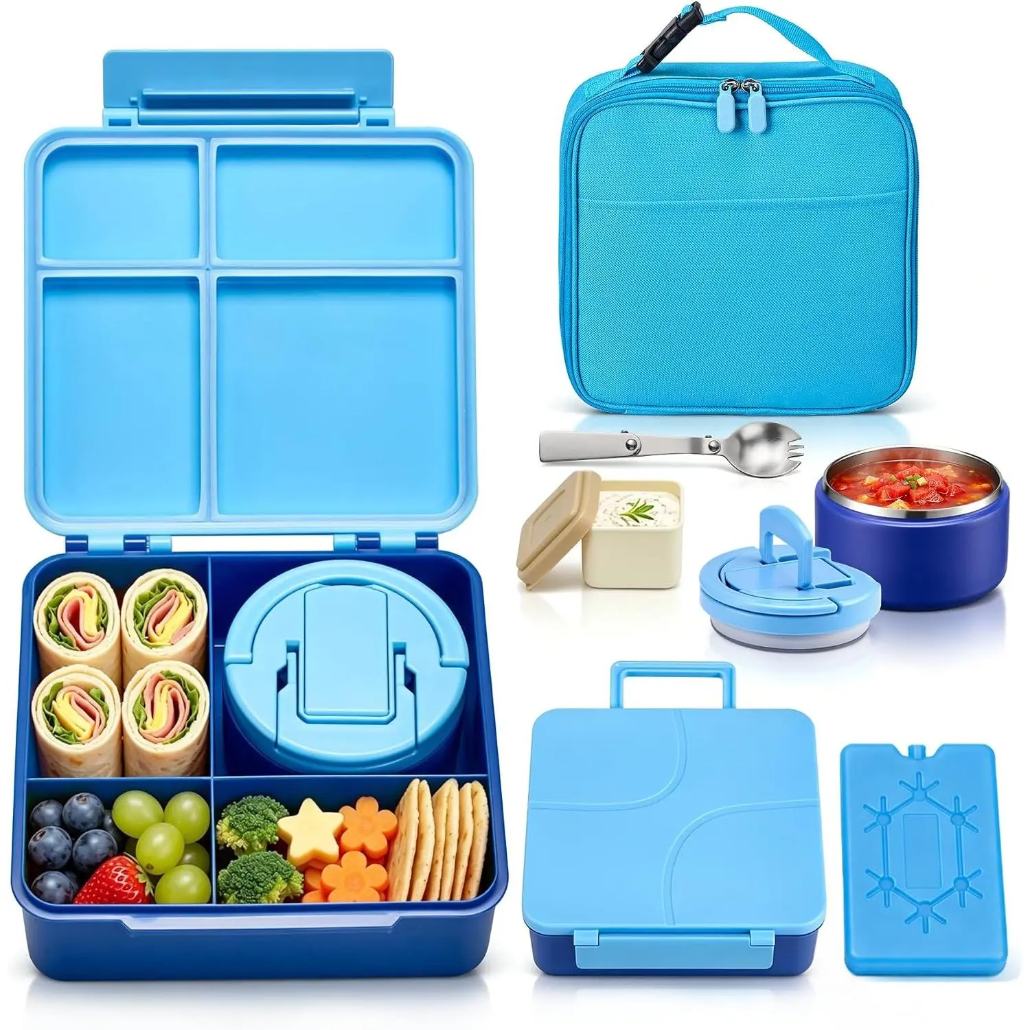 Bento Lunch Box with 8oz Soup Thermo, Leakproof 4 Compartment Lunch  Containers with Sauce Cup and Ice Pack, Thermo Insulated Hot  Jar and Lunch Bag for School,Trvael-Blue