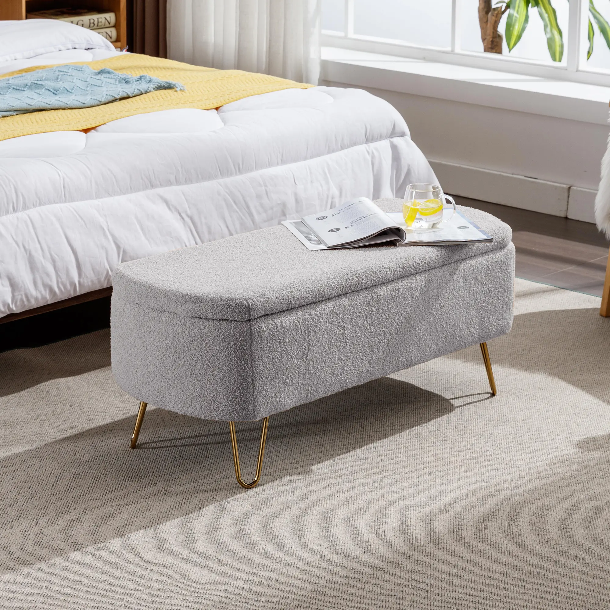 ARCH Grey Luxurious Faux Fur Upholstered Storage Ottoman Bench with Gold Legs - Padded Footrest, Hidden Storage, Single-Seat Stool, Space-Saving Modern Indoor Furniture for Living Room, End of Bed, 1-Pack