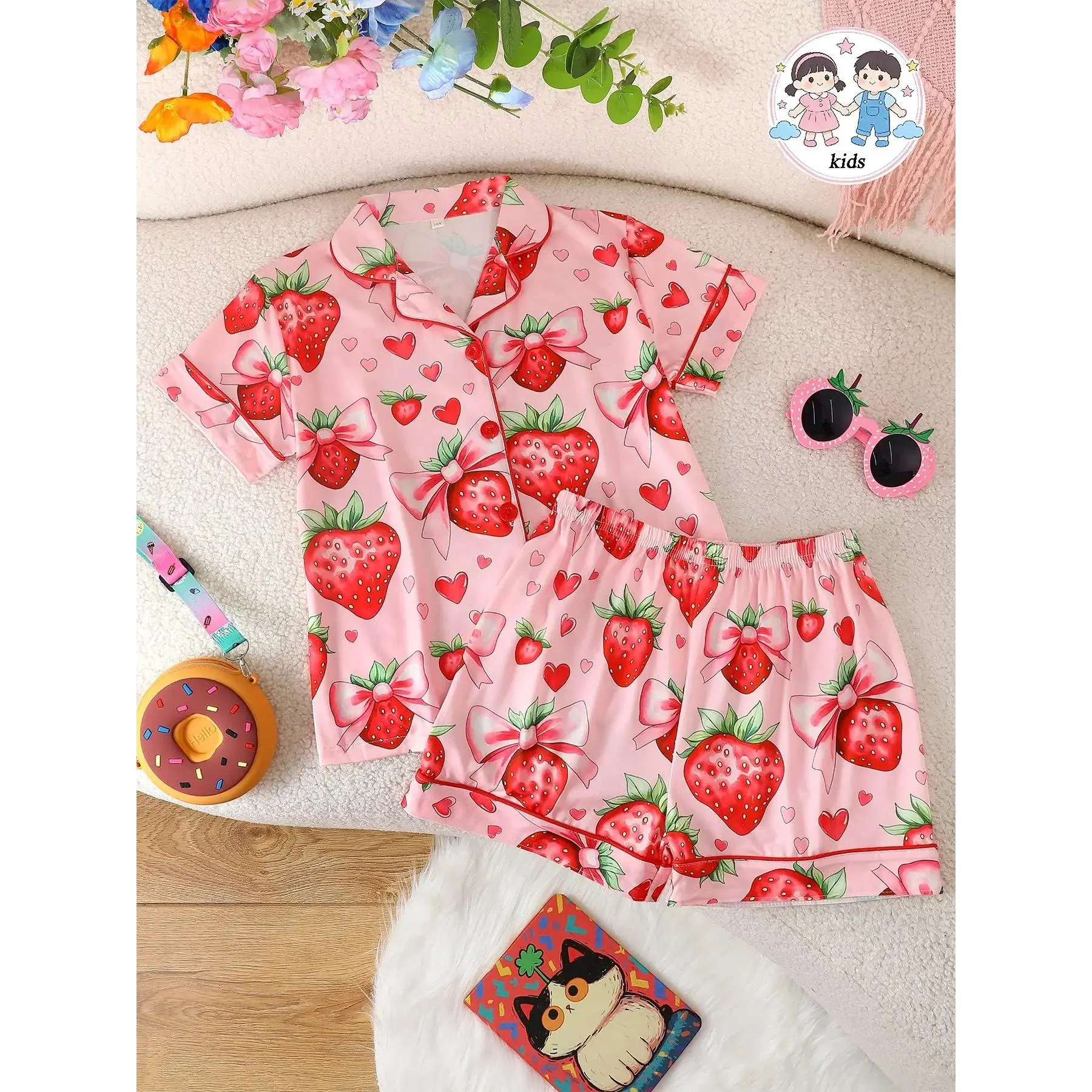 Girls' Fitted Sleepwear Set, Short Sleeve Button-Front Top & Shorts, Cartoon Pattern Design, All-Season Wear, Casual Style, Strawberry Print Pajama, Collared Pajama Set, Summer Pjs, Casual Comfy Pyjama