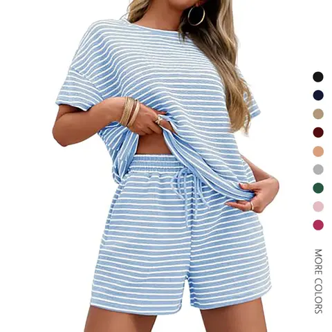 Danedvi Women's 2-Pcs Oversized Striped Short-Sleeve Loose-Fit Pajama Set - Matching Top+Shorts, Drawstring, All-Seasons Casual Home Loungewear Pyjamas