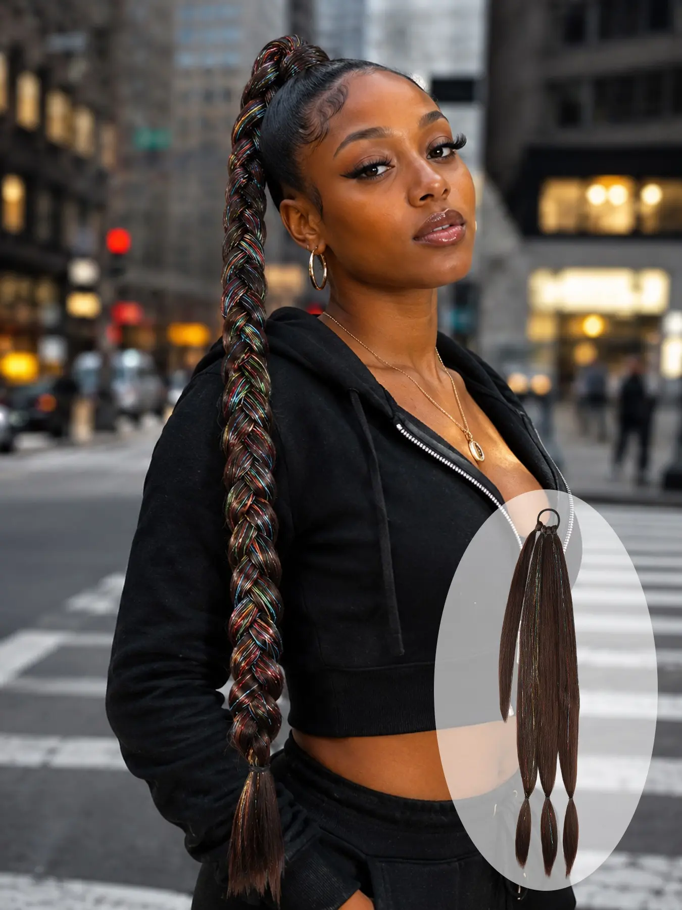 LEhan Synthetic Braided Ponytail Extender, Boxing Braid Hair Tie, 26、30、34 Inches, Colorful Ombre, DIY Daily Wear, Long Straight Wig Accessory