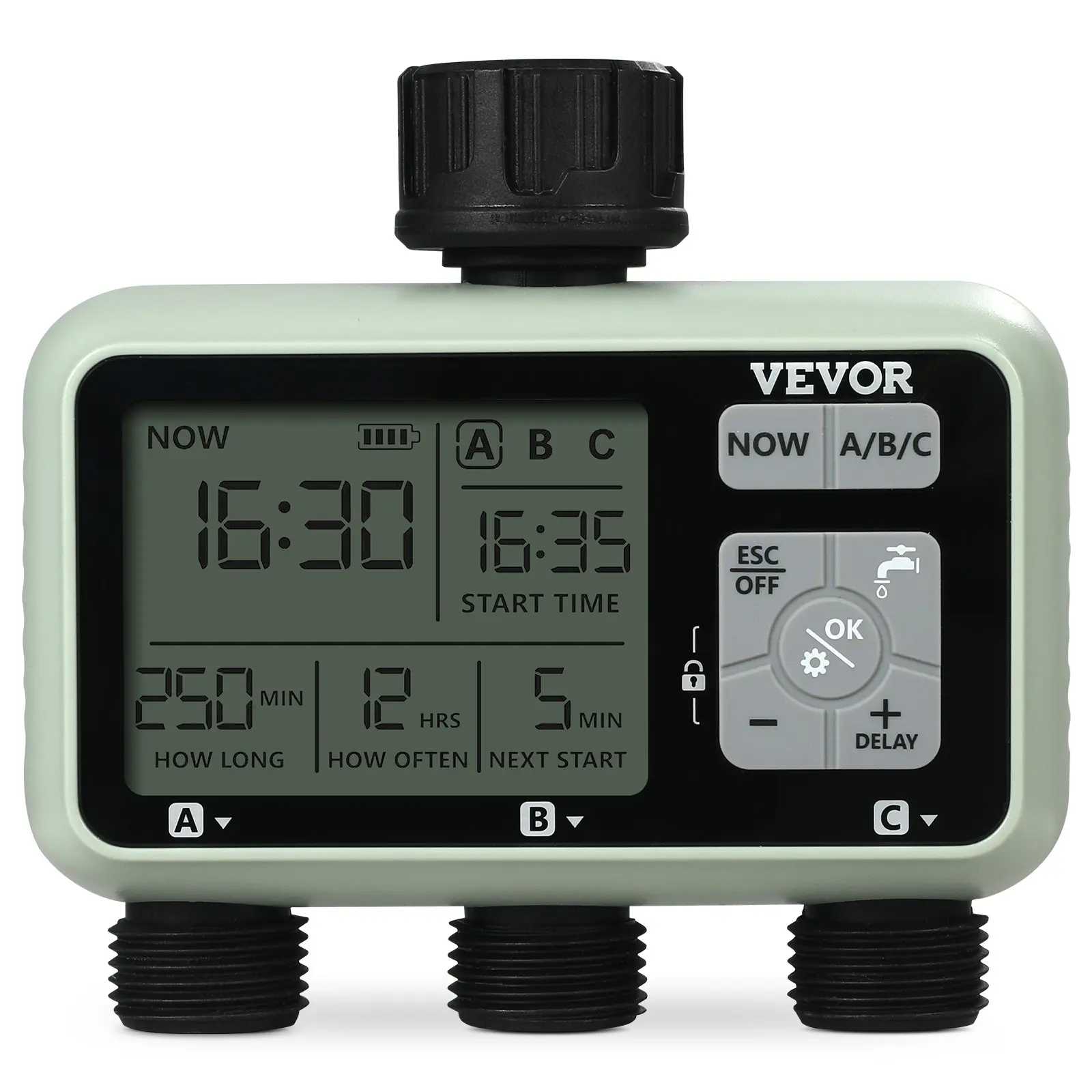 VEVOR Water Timer, 3 Outlets, Hose Watering Sprinkler Timer, with 3 Independent Watering Zone LCD Display Rain Delay Mode Manual Mode 360 Brass Inlet Metal Filter, IPX6 Waterproof for Yard Watering