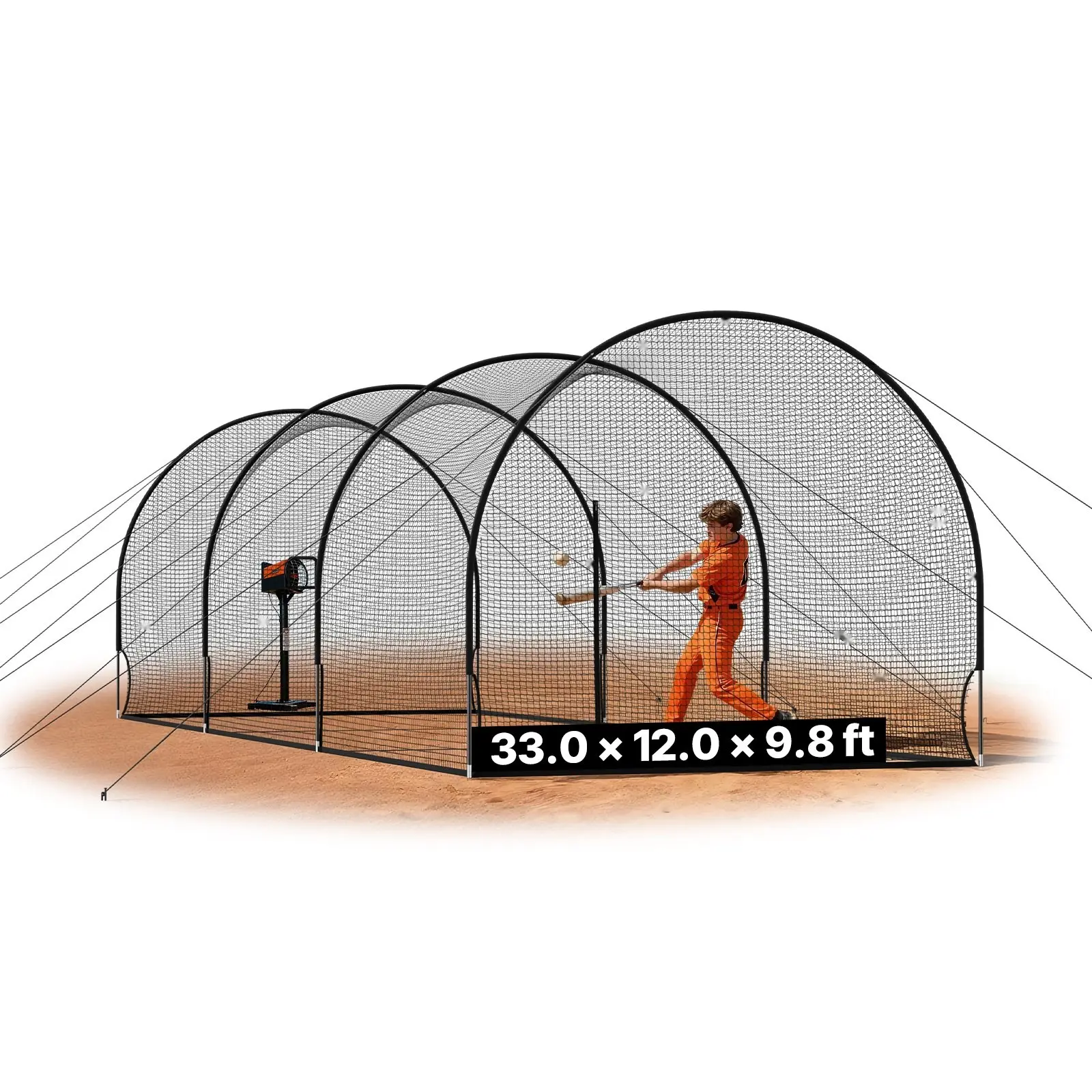 Baseball Batting Cage, 33.0 x 12.0 x 9.8 FT Freestanding Portable Batting Cage for Indoor and Outdoor Use, Hitting Cage With 4-Ply Knotless Polyester Netting, Pitching Machine Opening, Replacement Netting, Easy Assembly