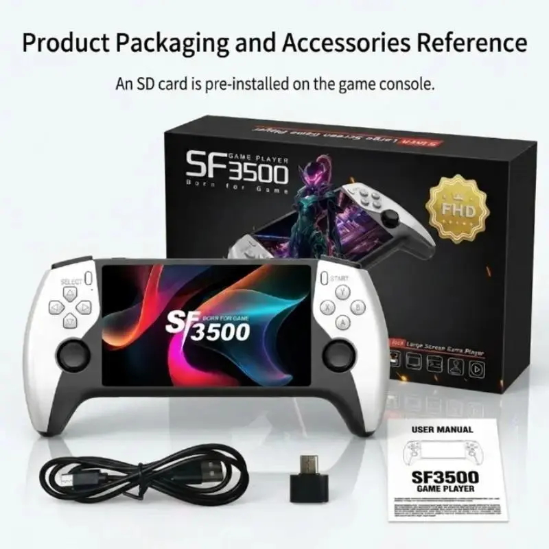 SF3500 Retro Handheld Game Console - Performance Upgrade: A handheld game console with a HD 5.5-inch IPS screen, featuring multiple games, classic video game support for TV connection, 14+ emulators, and 5-hour battery life.
