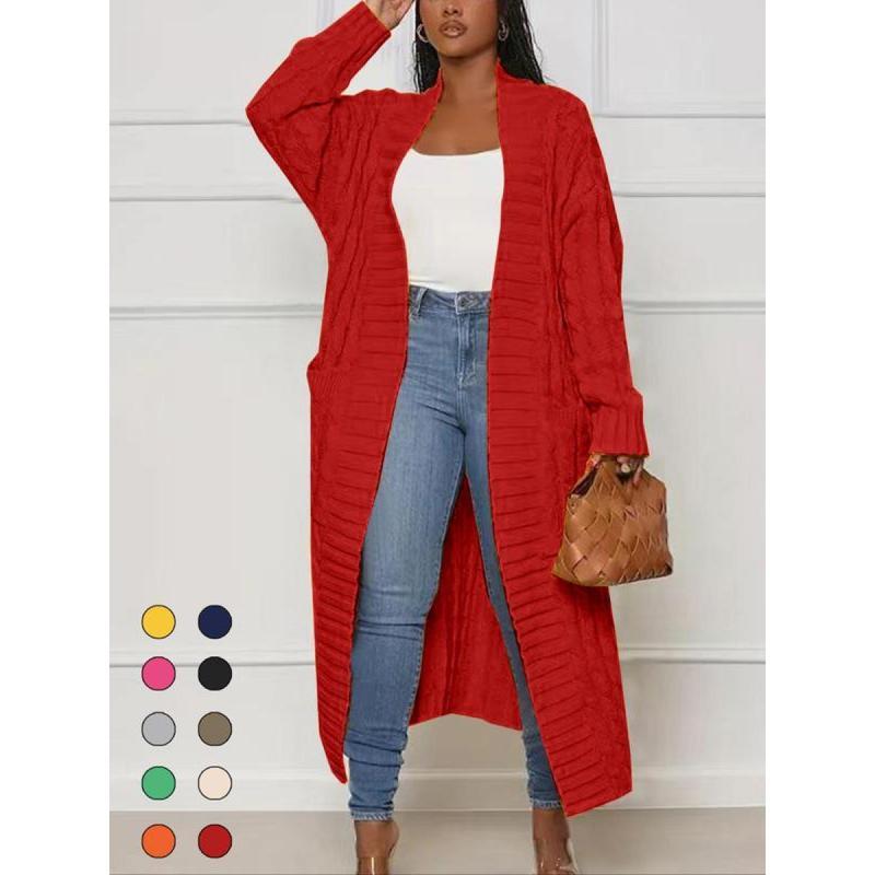Women's Solid Color Textured Drop Shoulder Pocket Longline Cardigan, Casual Open Front Long Sleeve Knitwear for Fall & Winter, Women's Knit Clothing for Daily Wear, Lady Baggy Cardigans for Women, Womenswear, Casual Knit Top Can be used with a raincoat
