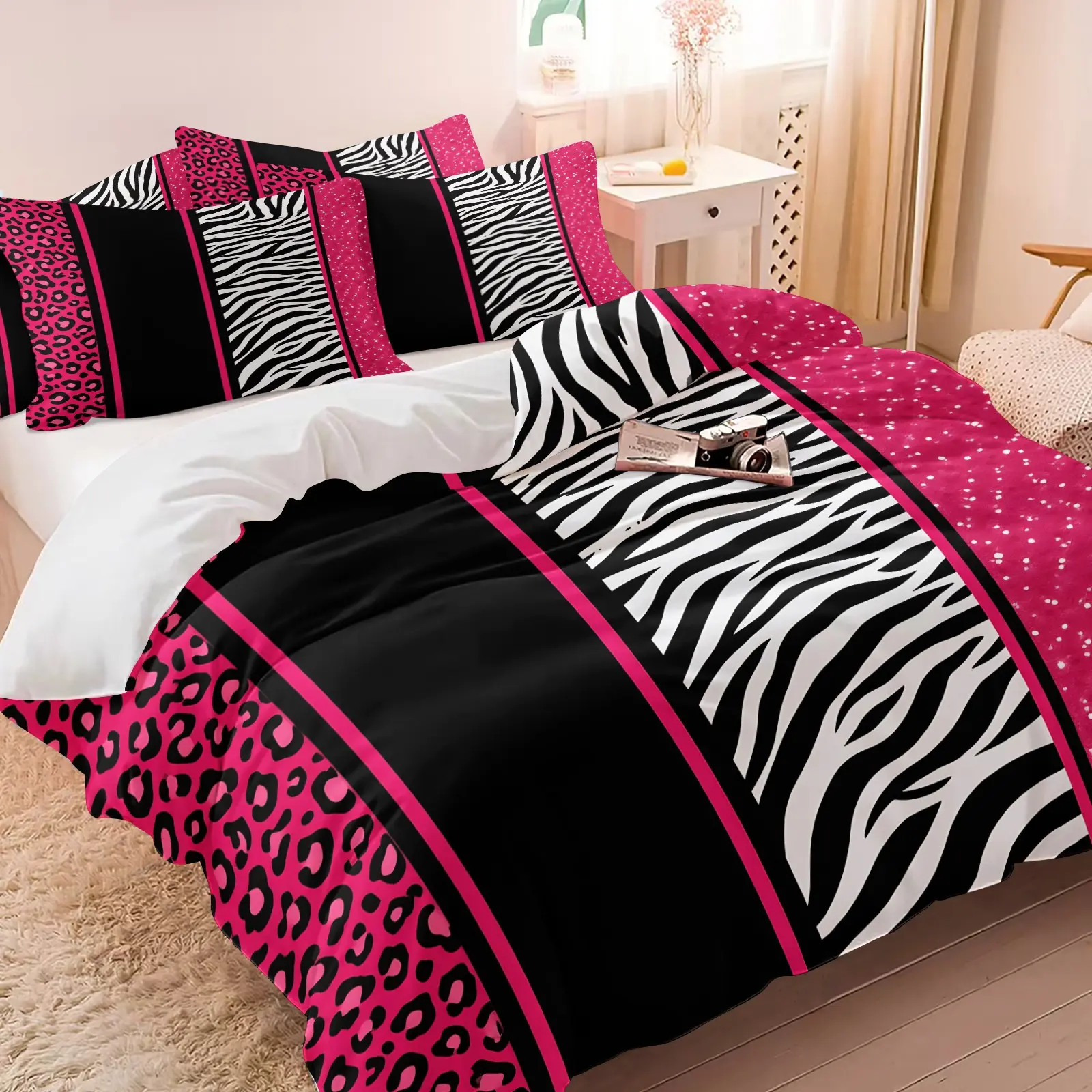 Hot Pink Leopard Zebra Stripe Patchwork Duvet Cover Set (1 Duvet Cover + 1/2 Pillowcases), Ultra Soft Microfiber Bed Linen, Trendy Y2K Girls Bedroom Decor, Theme Bedding Set, All Season HD Printed Bedding
