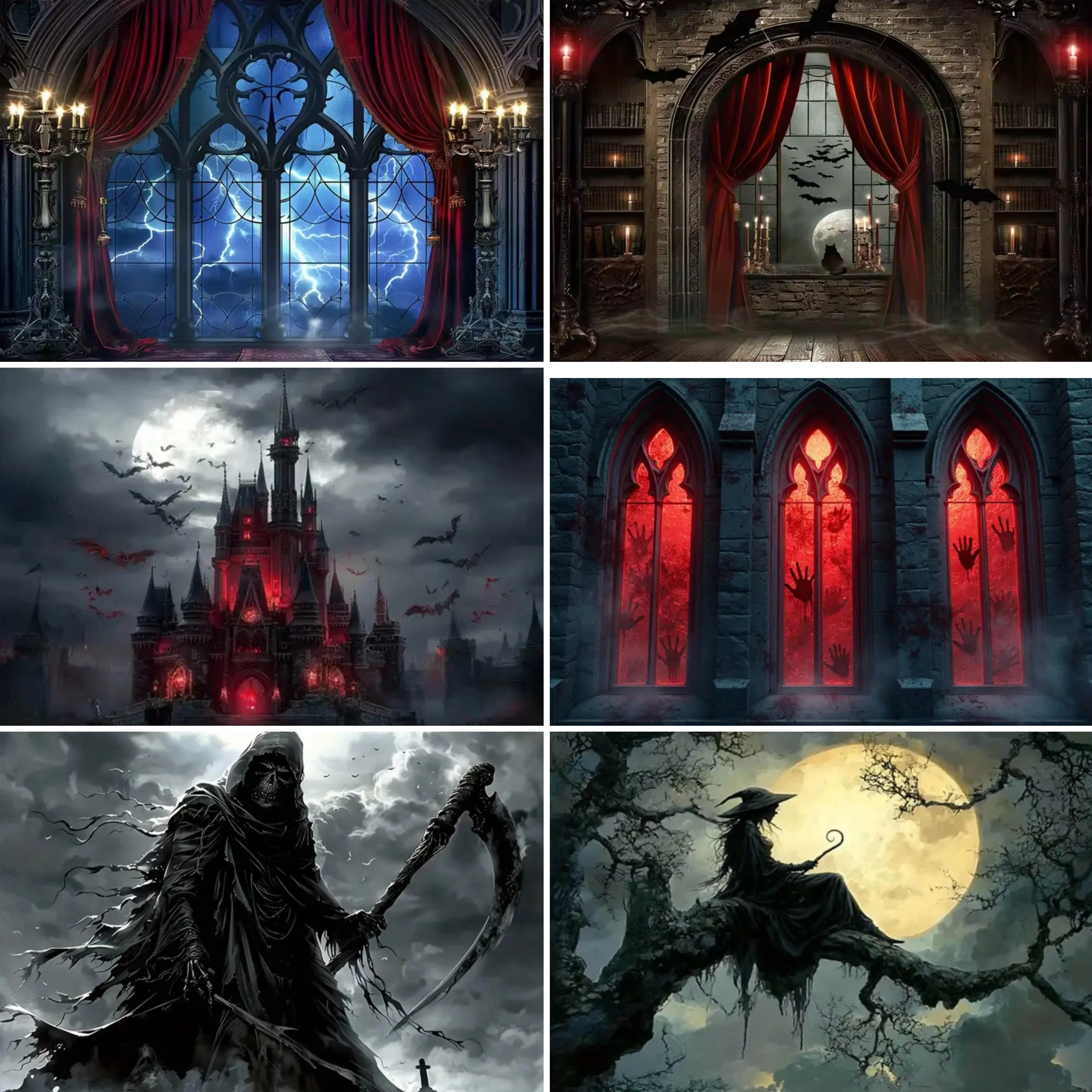 Halloween Gothic Backdrop Kit - Lightweight Hanging Banner with Vampire, Medieval Castle, Witch, Moonlight, Bat Design for Halloween Party Decorations & Photo Props, Banners
