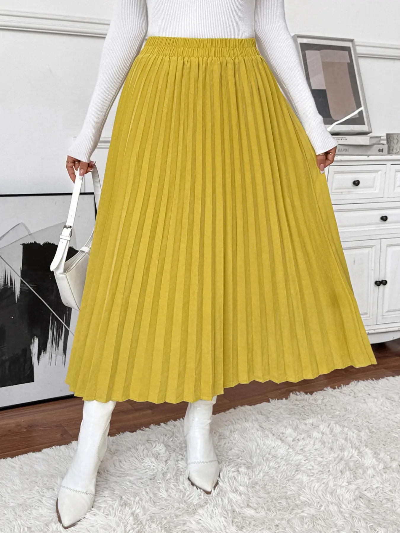 Loose A-Line Pleated Long Skirt, Bottoms, Elastic Waist, Fall & Winter Commute Daily Wear, Solid Pattern, Loose-Fitting, Women's Fashion