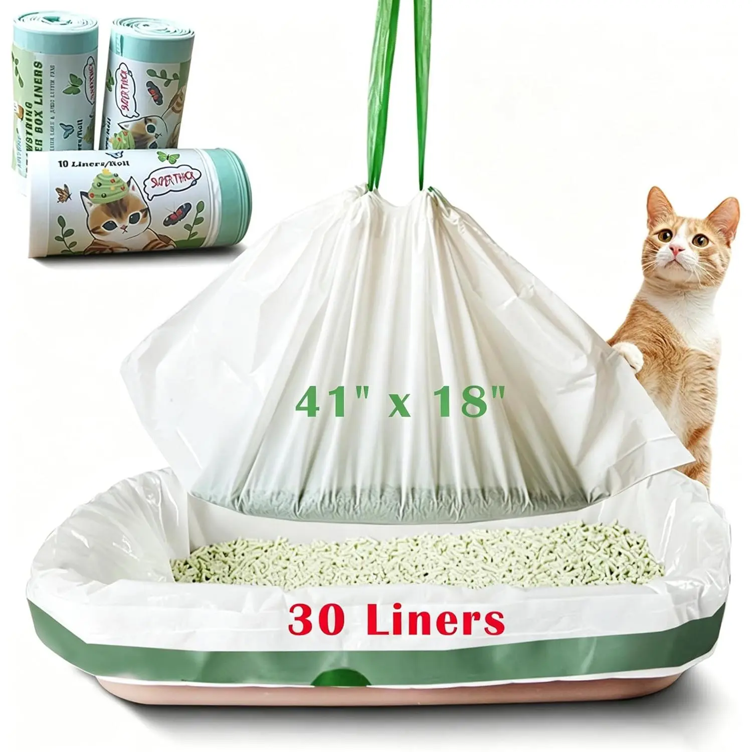 Jumbo Drawstring Cat Litter Box Liners - 30-Count Heavy-Duty 4-Mil Polyethylene Pan Liners, 41"x18" Oversize Drawstring Bag for Easy Litter Tray Cleanup