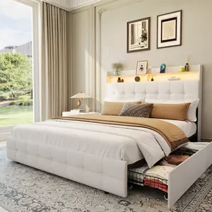 Upholstered Bed Frame with Double-Layer Soft LED Headboard, Charging Socket & USB Port, 2 Storage Drawers, Modern Noise-Free Platform