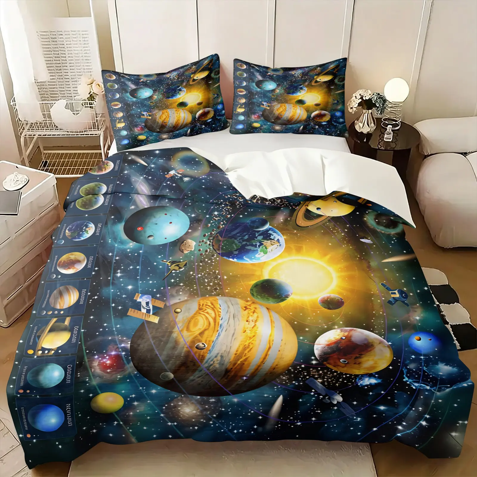 Astronomy & Space Educational Duvet Cover Set, Decorative Duvet Cover, Solar System 8 Planets, Sun, And Astronauts, Soft Breathable All Season Skin-Friendly, 1 Duvet Cover & 1-2 Coreless Pillowcases, Kids Teen Bedding Set, Dreamy Space Exploration Decor