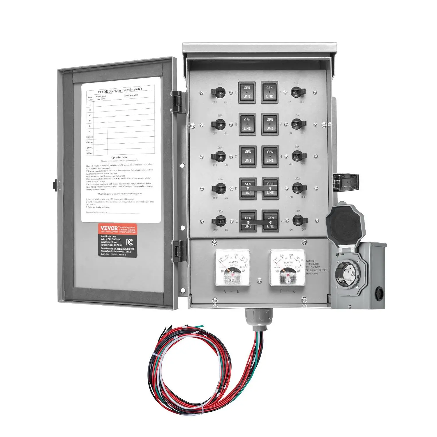 VEVOR Manual Transfer Switch, 50-Amp 10-Circuit, Prewired Generator Transfer Switch Kit with CS6375 Plug Power Inlet Box, Double-Throw Switch, NEMA 3R, Mechanical Watt Meter, for 12500W Generators