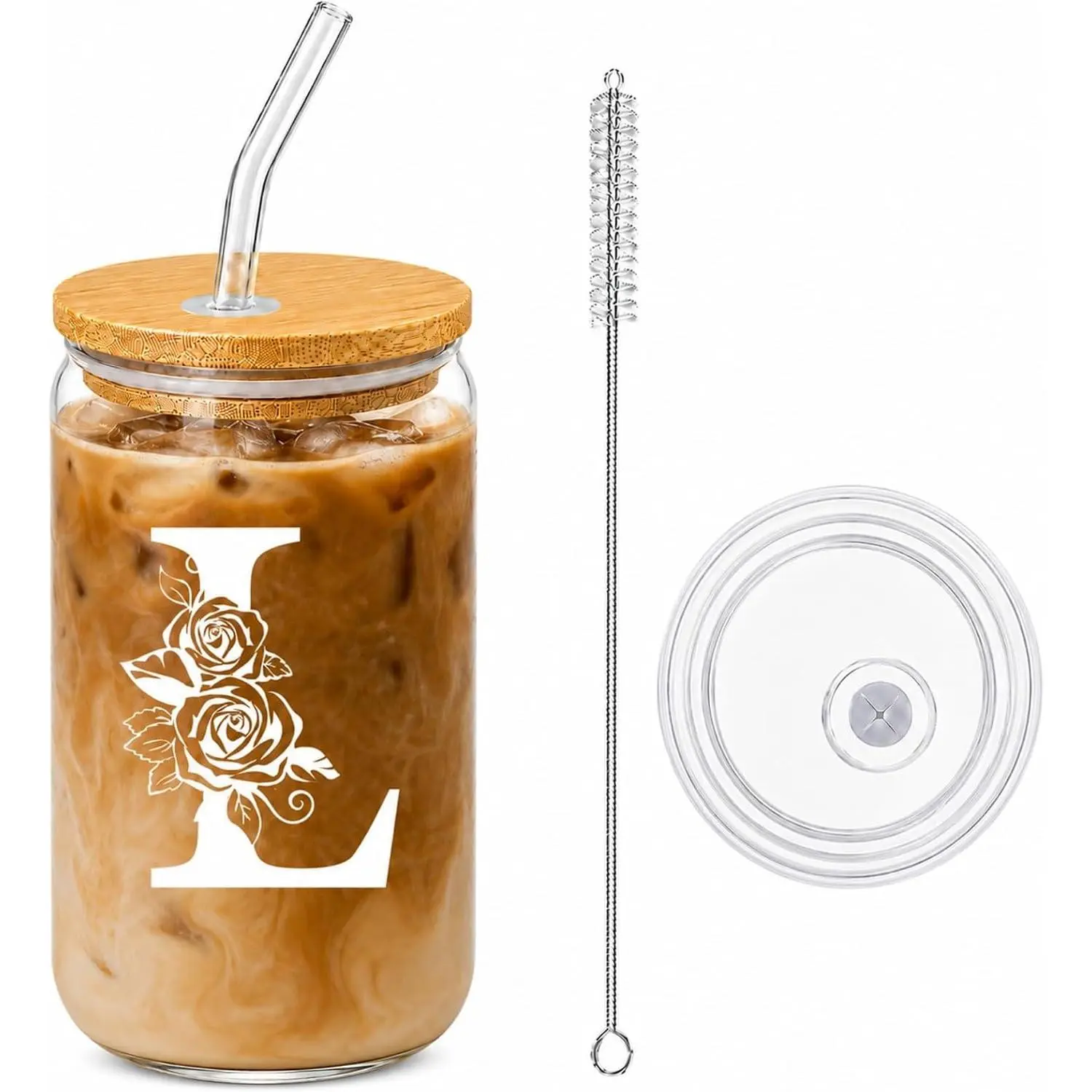 Personalized Cups, Custom Initial Tumbler, Cute Glass Tumbler, 16 oz Iced Coffee Cup, Personalized Gifts for Women, Letter L Cup with  Lid and Glass Straw, Latte Cup, Coffee Lover Gifts