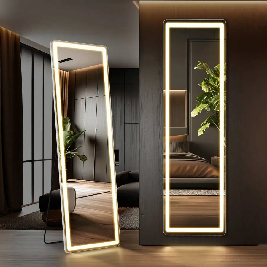 60" X 16" Full Length Mirror With LED Lights, Floor Mirror With Dimming & 3 Color Lighting, Led Mirror Full Length With Stand For Bedroom