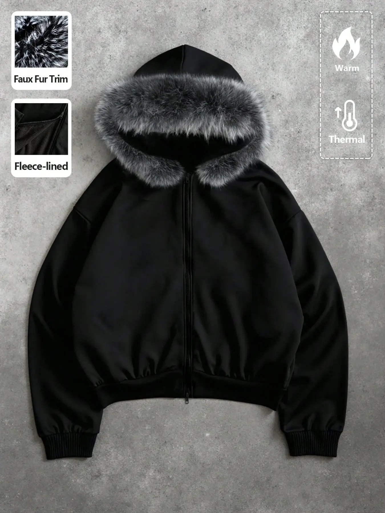 Men's Faux Fur Hooded Zipper Jacket, Fleece Lining Full-Zip Hooded Coat, Casual Winter Warm Outerwear, Suitable for Fall & Winter Daily Wear