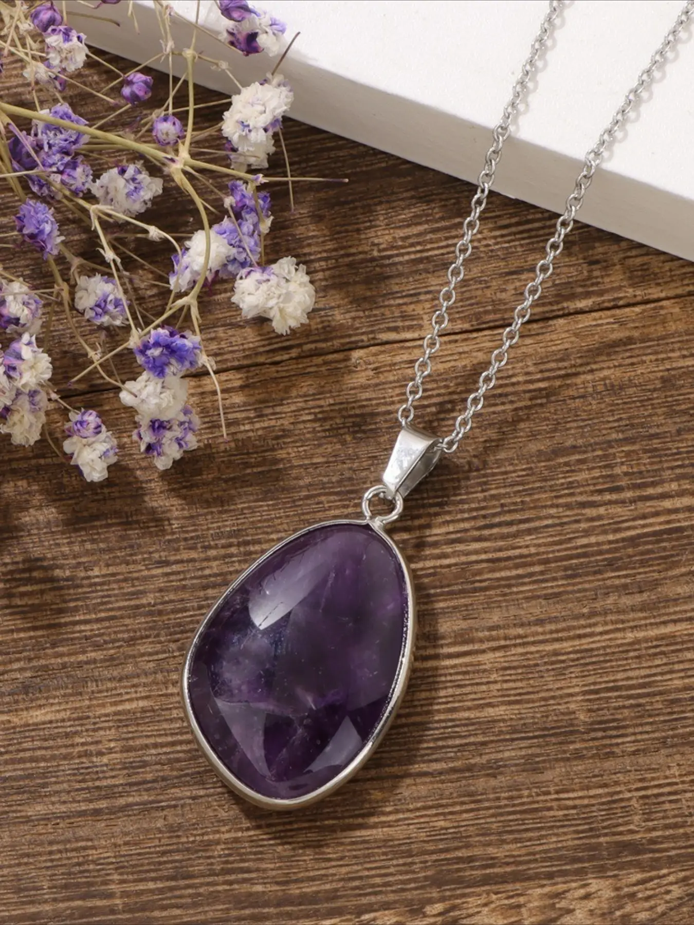 Natural Crystal Pendant Necklace, Oval Gemstone Stone Charm, Stainless Steel Chain Jewelry, Amethyst Rose Quartz Healing Crystal Necklace Gift for Women
