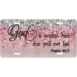 Psalm 46:5 God is Within Her, She Will Not Fail Bible Verse Pink Sparkles Glitter Front License Plate Aluminum License Plates Metal Car Plate 6"X12" Novelty Tag Cover with 4 Holes Car Decor Accessory