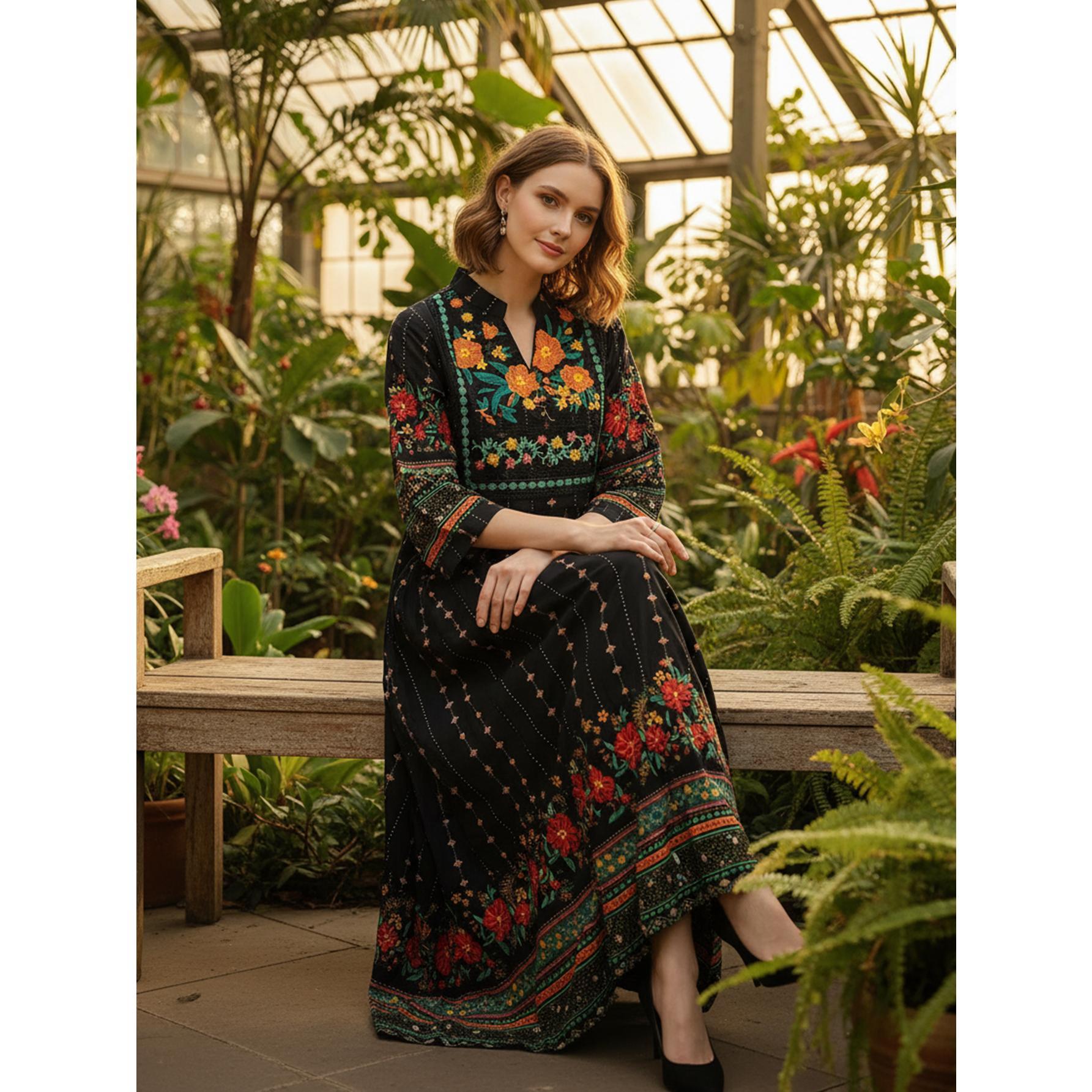 Vintage Boho Floral Embroidered Maxi Dress Elegant Ethnic Chic Gown | Standard & Plus Size S-4XL | Perfect for Evening Dinner, Festivals & Special Occasions