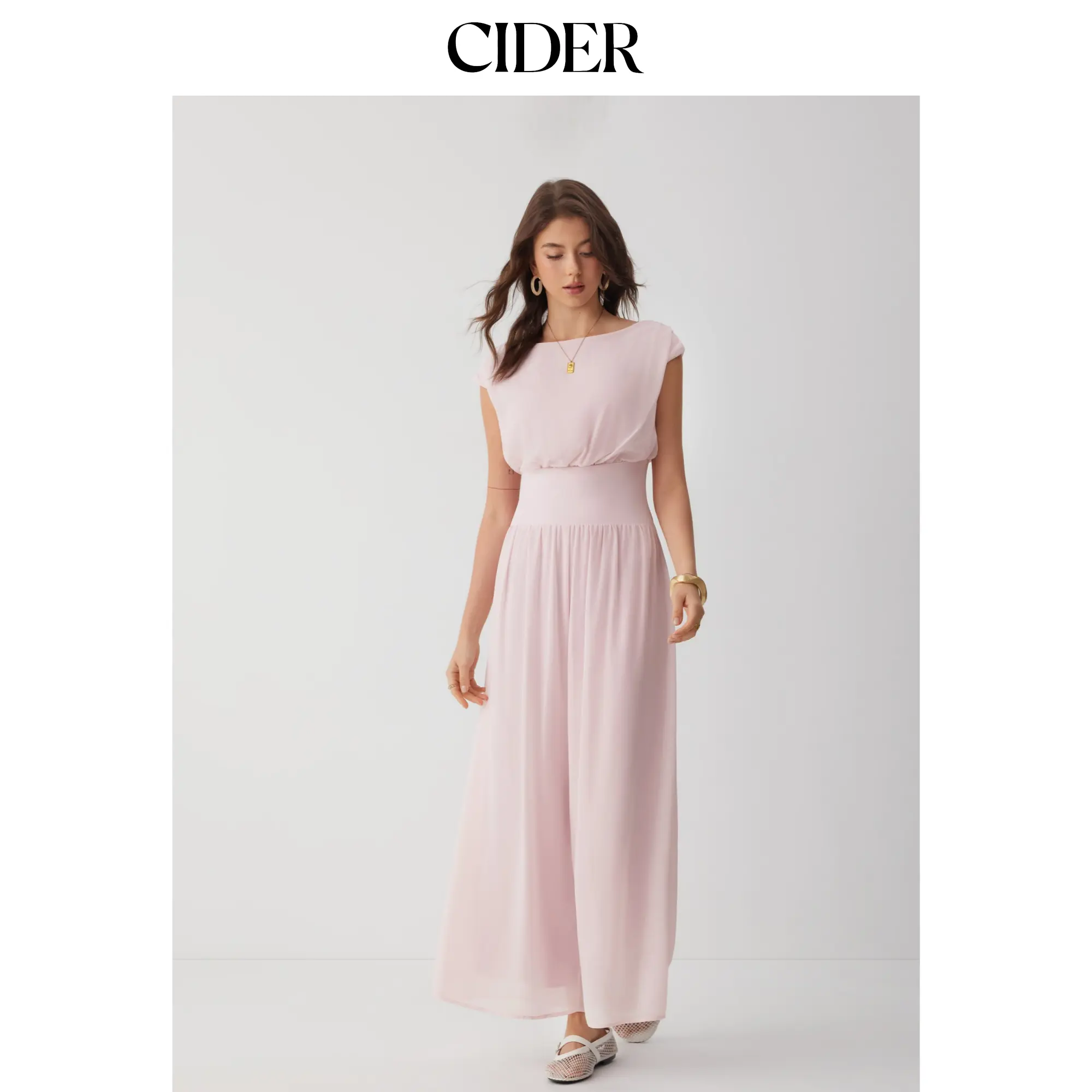 Cider Chiffon Mid Rise Draped Wide Leg Jumpsuit