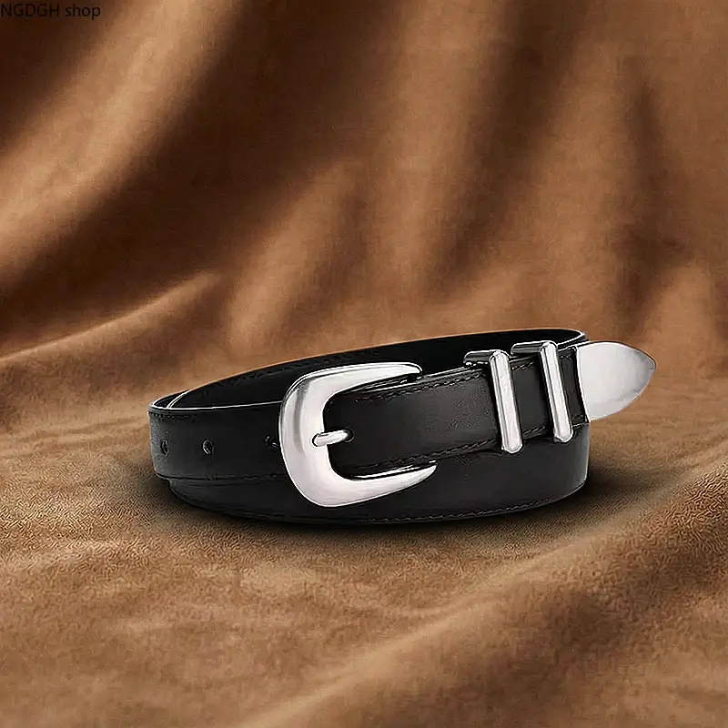 Women Faux Leather Western Belt, Vintage Silver Buckle Waist Strap, Slim Adjustable Decorative Belt for Jeans Dresses Daily Cowgirl‑Style Outfits