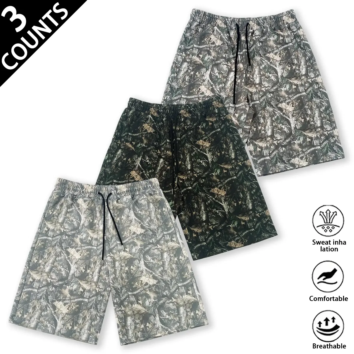 3 Pack Men RealTree Leaf Camo Athletic Shorts, Elastic Waist Drawstring Loose Fit Tree Branch Camouflage Sweat Shorts, Lightweight Breathable Summer Outdoor Hunting Workout Shorts Multipack For Daily Beach Sports Casual Outfits