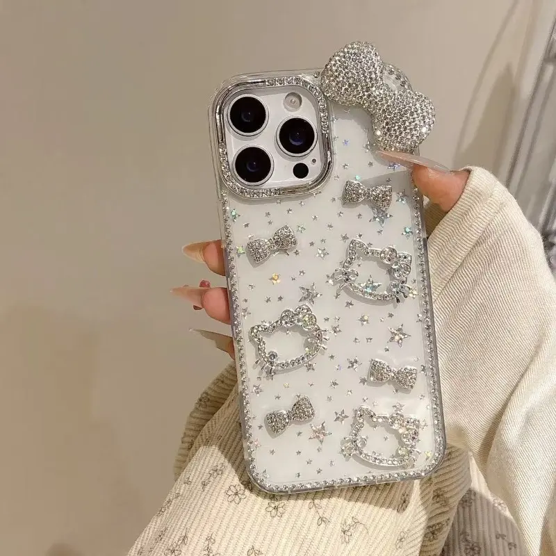 New Rhinestone Bow Cat Phone Case For iPhone 17 16 15 14 13 12 Pro Max Plus - Stylish Protective Case