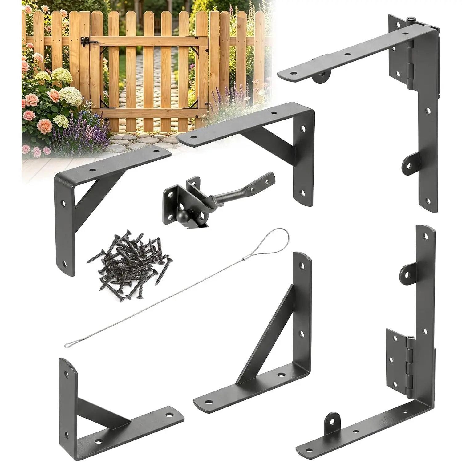 2 Sets Anti Sag Gate Kit for Wooden Fence, Heavy Duty Gate Hardware with Corner Brace Brackets, Welded Hinges and Self-Locking Gate Latch,  No Sag Fence Gate Kit