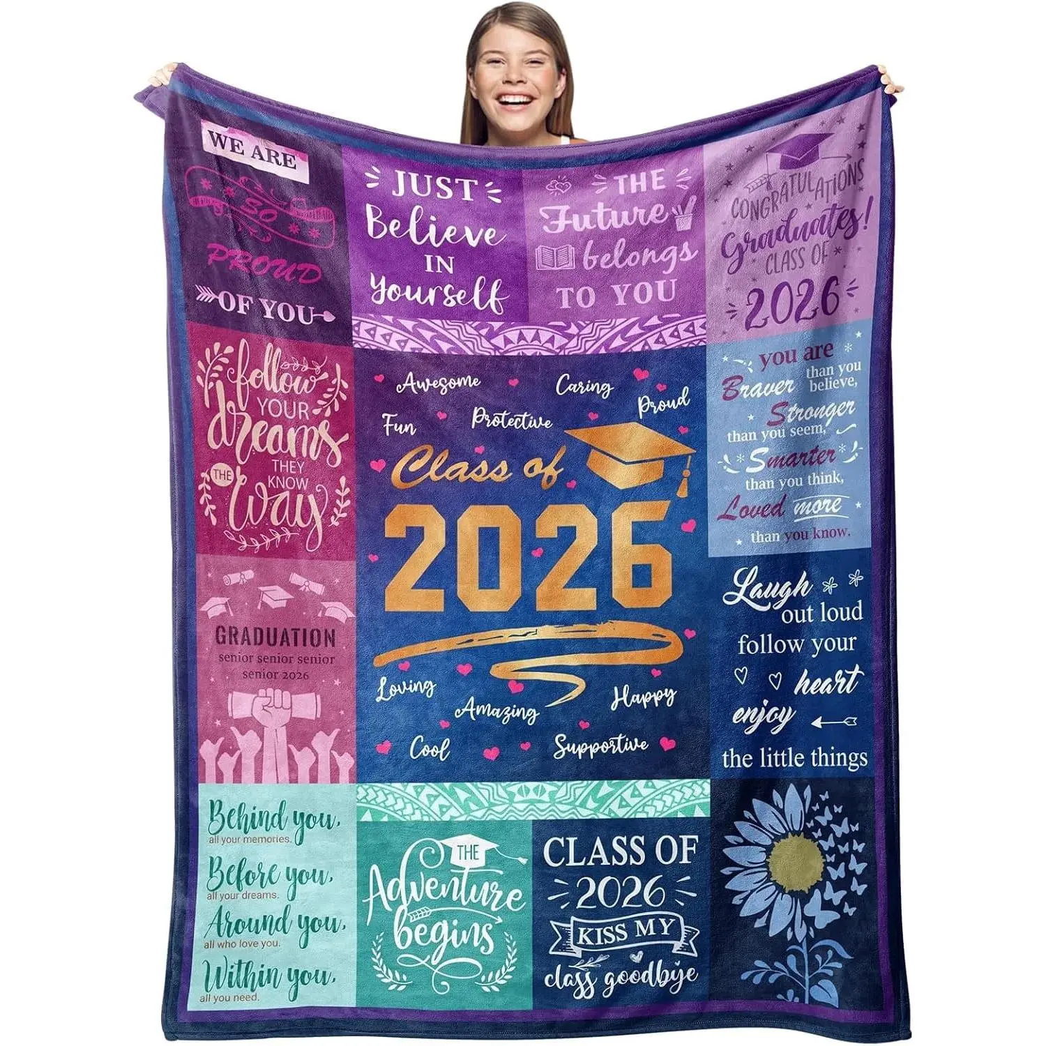 Customized 2026 Graduation Personalized Photo Blanket - Soft Cotton All-Seasons Throw, Machine Washable, Indoor Use Modern Gift for High School Graduates, Room Decor