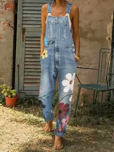 Women's denim jumpsuits in spring, summer and autumn, comfortable and loose flower design with multiple pockets, trendy street casual style, suitable for women's daily travel