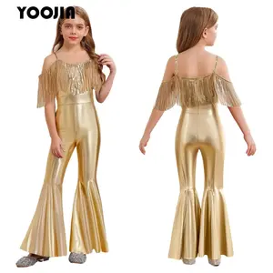 Kids Girl Shiny 60 70s Disco Costume Metallic Hippie Bodysuit Halloween Carnival Party Hip-hop Dance Jumpsuit One Piece Outfits