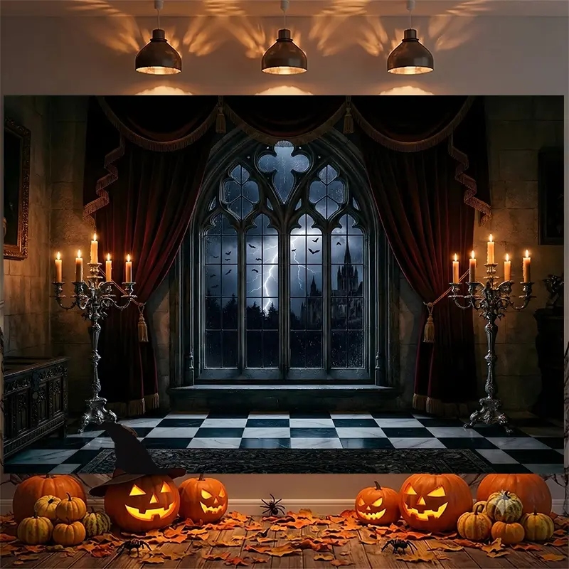 Gothic Arched Window Lightning Castle Bat Pattern Halloween Backdrop, Photography Background, Party Backdrop, Photo Booth Background, Studio Backdrop, Video Background, Haunted House Backdrop, Ideal for Halloween Party Decor, Live Stream Background, Portr