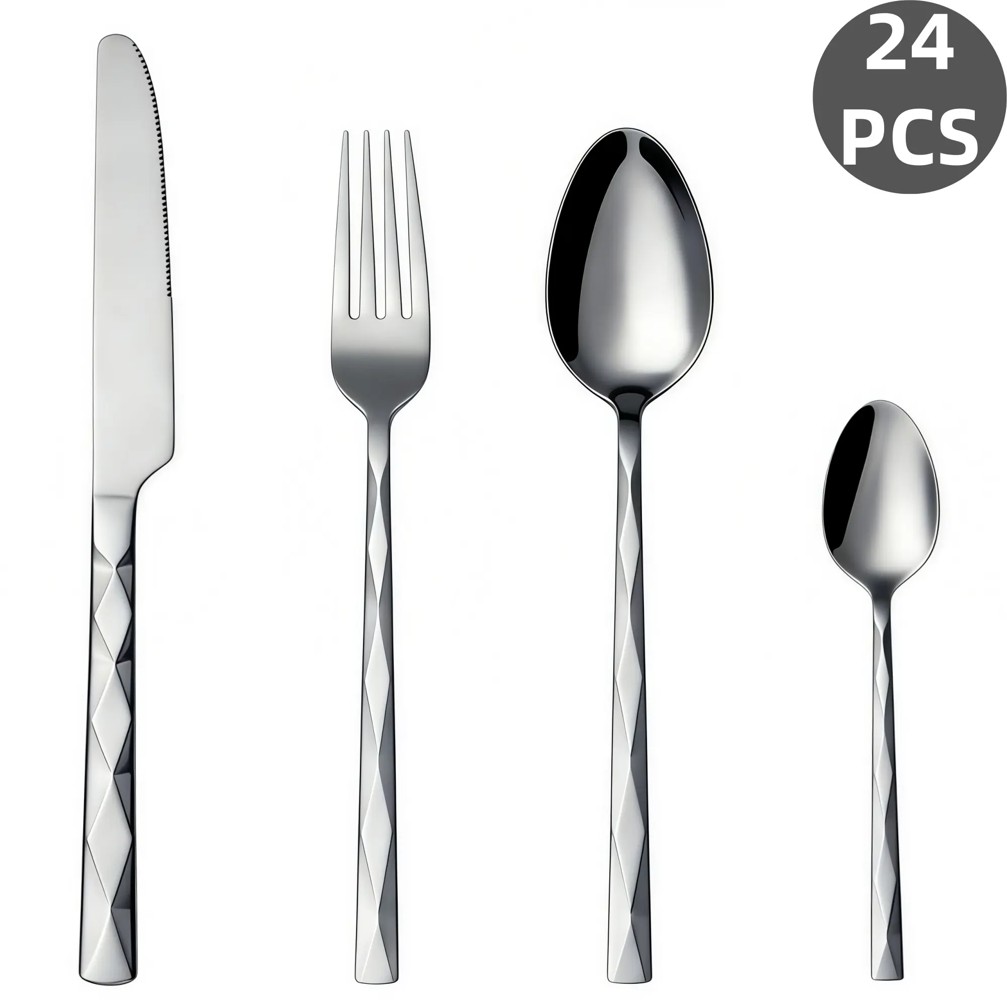 24Pcs Diamond Rhombus Twisted Handle Stainless Steel Cutlery Set, Mirror Polished Silverware Flatware, Rustproof Dishwasher Safe, Ideal for Home Kitchen, Family Gathering, Restaurant & Holiday Gifts