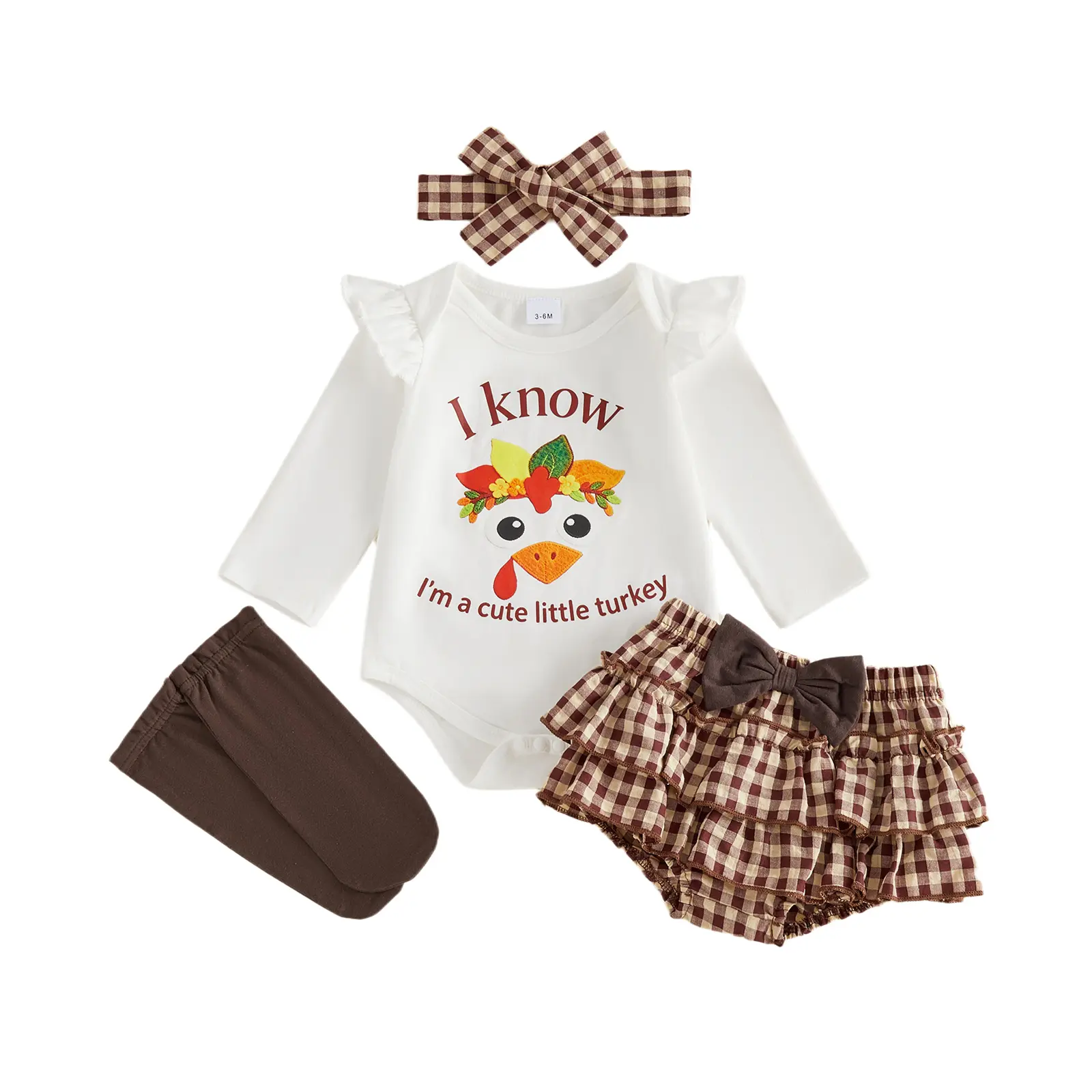 Meihuida Infant Baby Girls Thanksgiving Clothes Long Sleeve Letter Turkey Romper with Plaid Shorts Headband Socks Set 0-18 Months