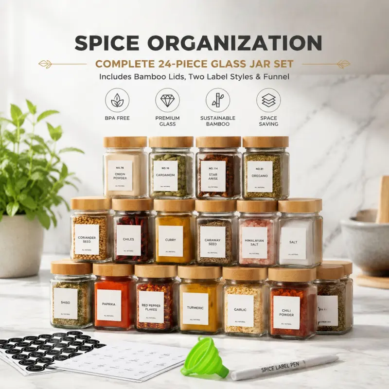 24-Piece Square Glass Spice Jars With Natural Bamboo Lids, BPA-Free Seasoning Containers With Labels, Funnel And Label Pen, Space Saving Kitchen Organizer Kitchenware For Spices, Herbs And Dry Food Storage