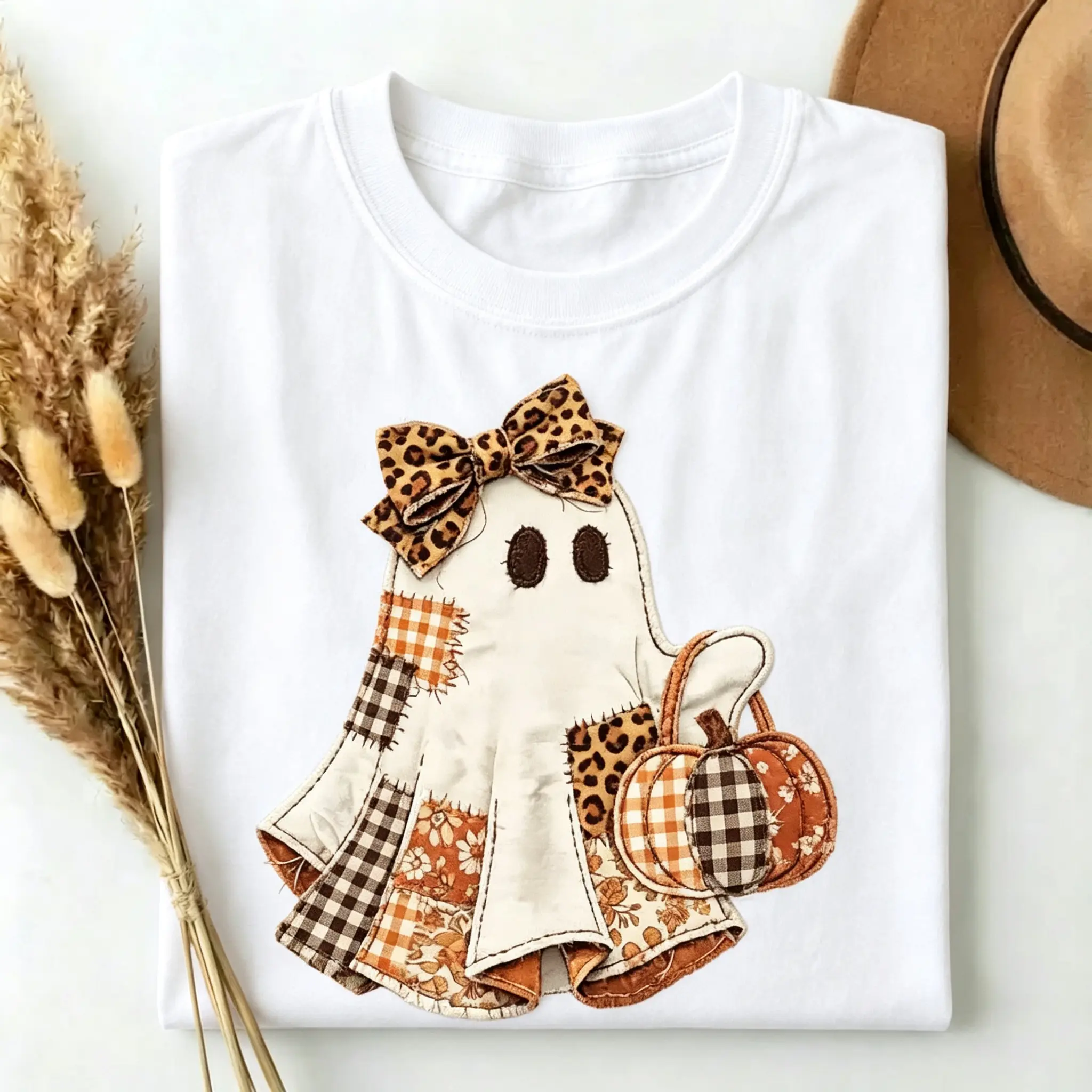 Women's Trendy Oversized Cotton Short-Sleeve Graphic T-Shirt - Faux Patchwork Ghost, Coquette Halloween Pumpkin, Spooky Fall, Trend, Shortsleeve