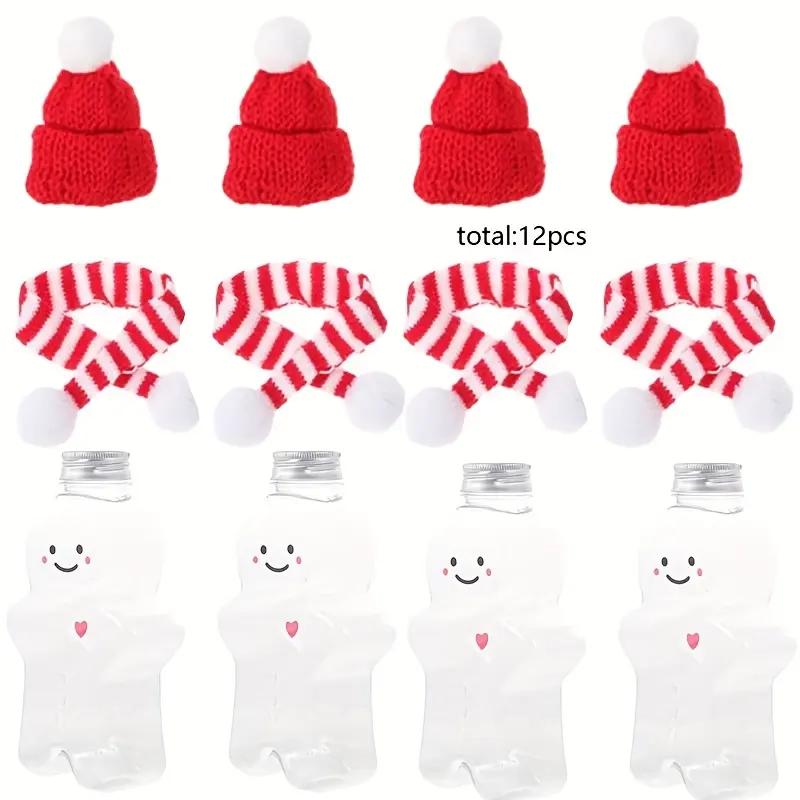 12pcs Plastic jars, caps, and scarves; gingerbread man-shaped plastic decorative bottle containers and lids; plastic decorative jars; display bottles for pearls, jewelry, and rings; decorations for Christmas and holiday celebrations; props and decorations