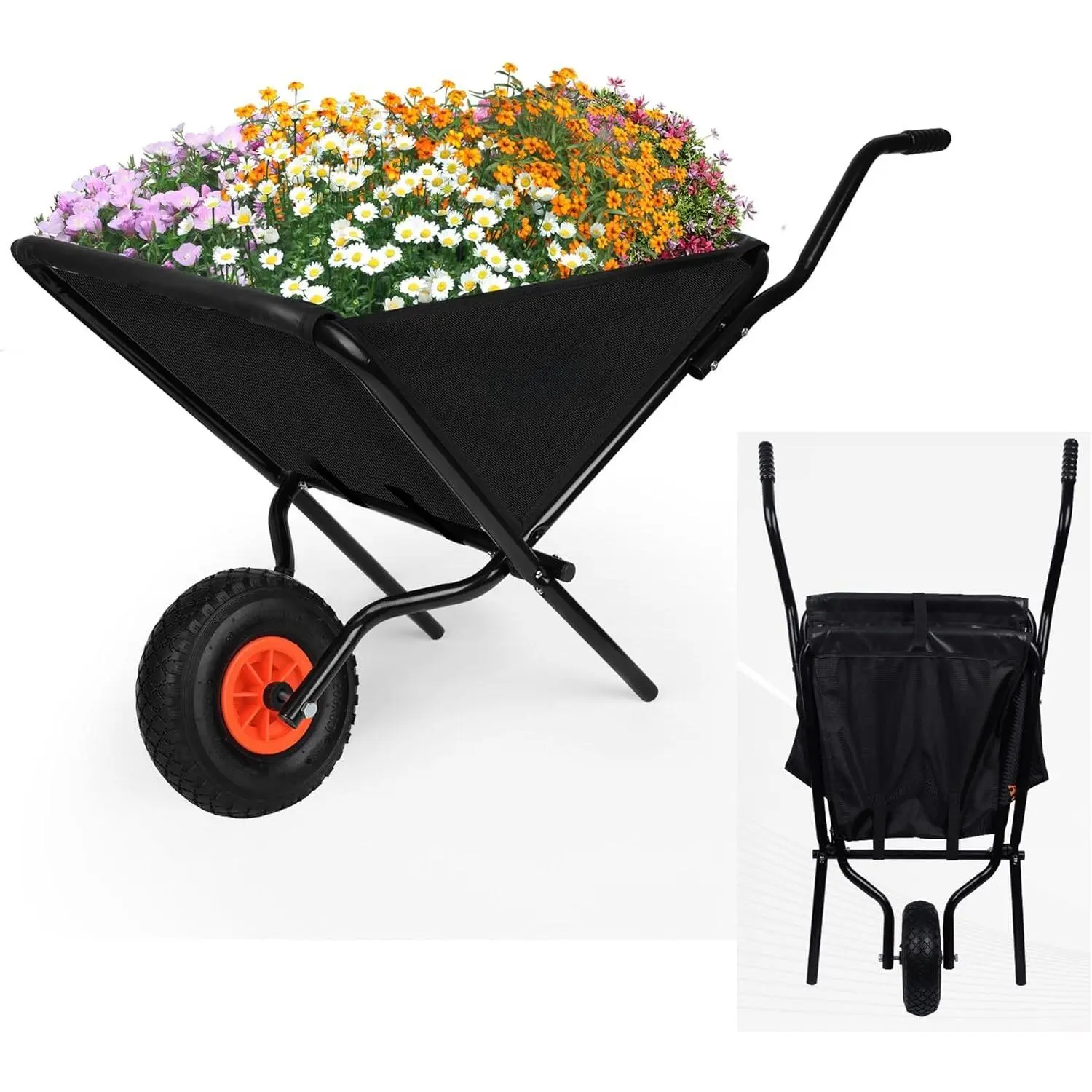 Collapsible Wheelbarrow with 13” Flat-Free Wheel, Folding Utility Garden Cart Easy Loading and Dumping Yard Cart Thickened Oxford Cloth Lawn Cart for Nutrient Soil,Grass, Leaf, Garden Supplies