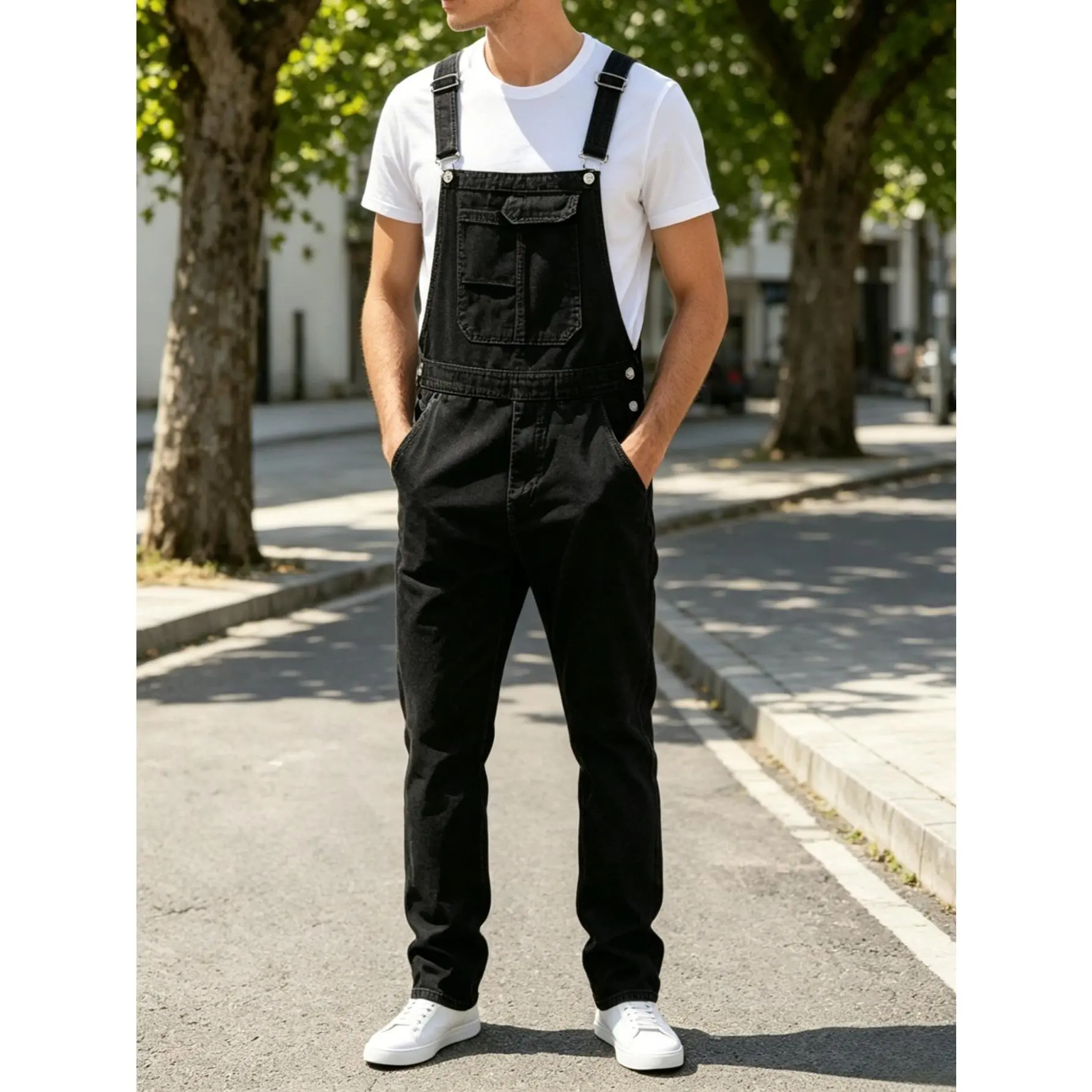Men's Plain Black Denim Overalls, All-Season Loose Straight Cut Workwear Jumpsuit with Multiple Pockets, Menswear, Denim Fabric, Long Overalls, Multi Pockets