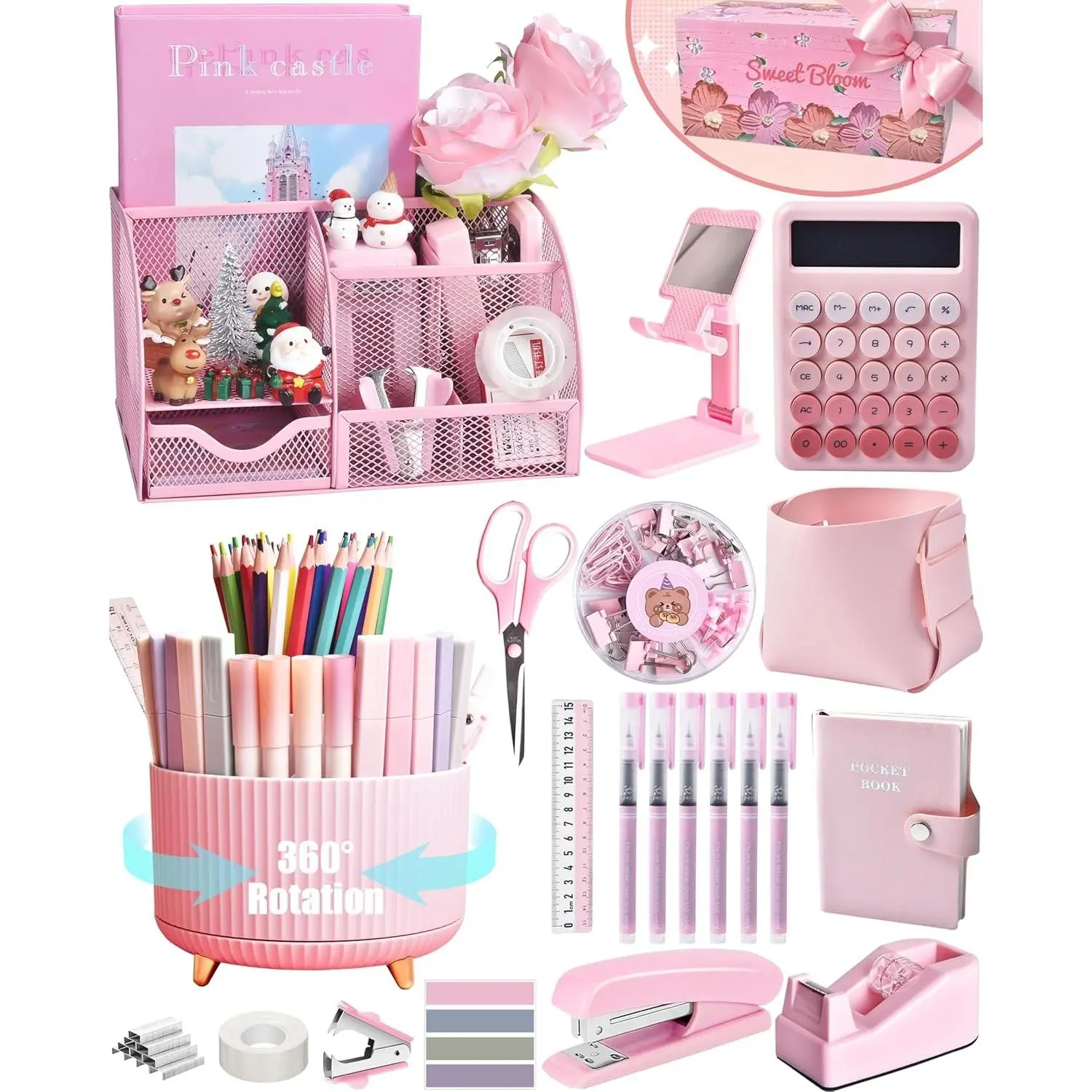 Women's Modern Blush Pink 21-Piece Mesh Desk Organizer Set - Includes 360-Degree Rotating Pen Holder and Accessories, Office Accessories