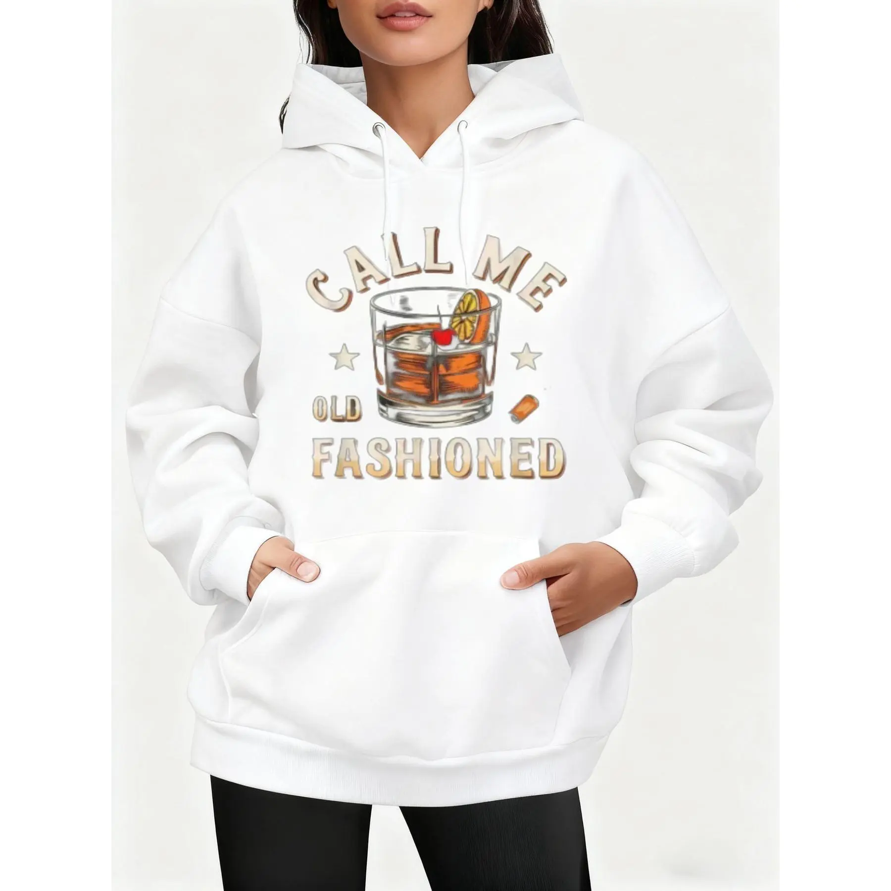 Women's Call Me Old Fashioned Graphic Hoodie - Cotton Blend Long Sleeve Relaxed Fit Pullover, Drawstring Hood White Cord, Orange Slice Cherry Glass Print, Cold Machine Wash, Mother's Day Easter Gift