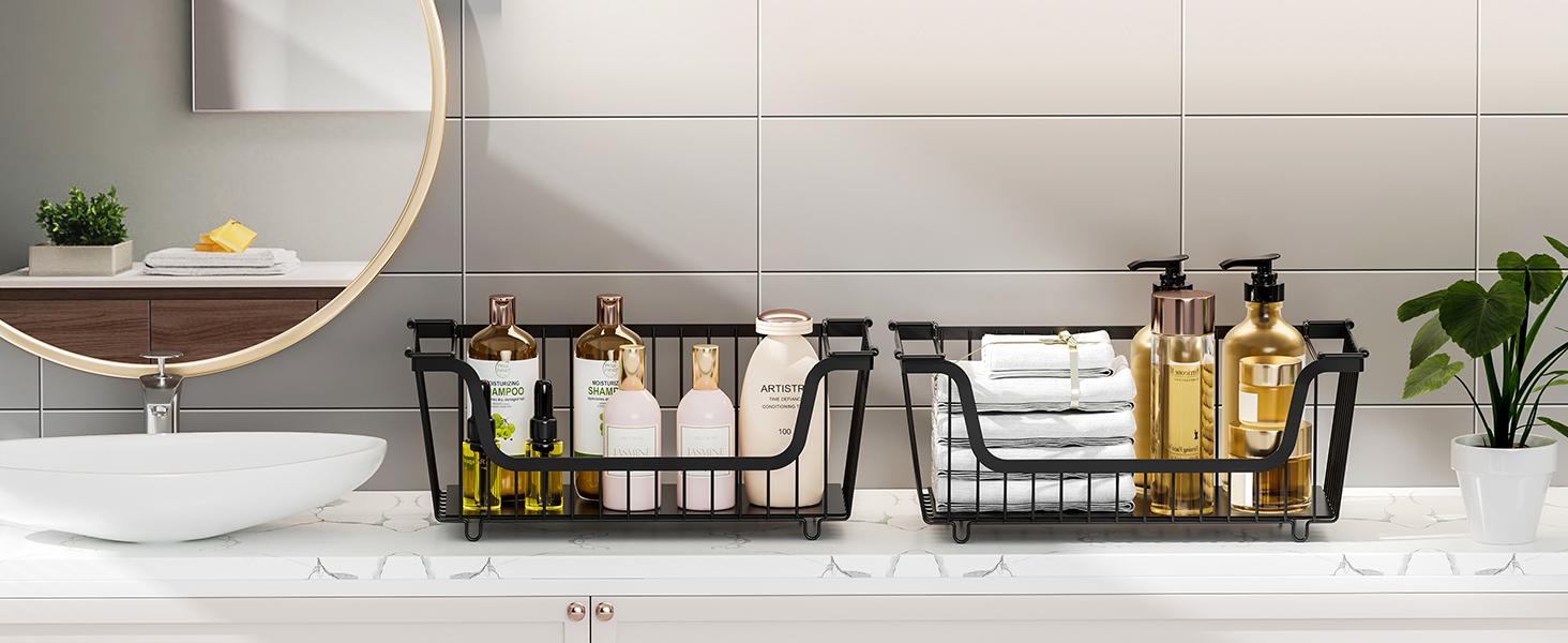 4 Pcs Stackable Wire Baskets for Pantry Organizers and Storage,Vegetable Fruit Basket for Countertop,Kitchen Storage Metal Baskets,Produce Potato Onion Storage Bin,Black