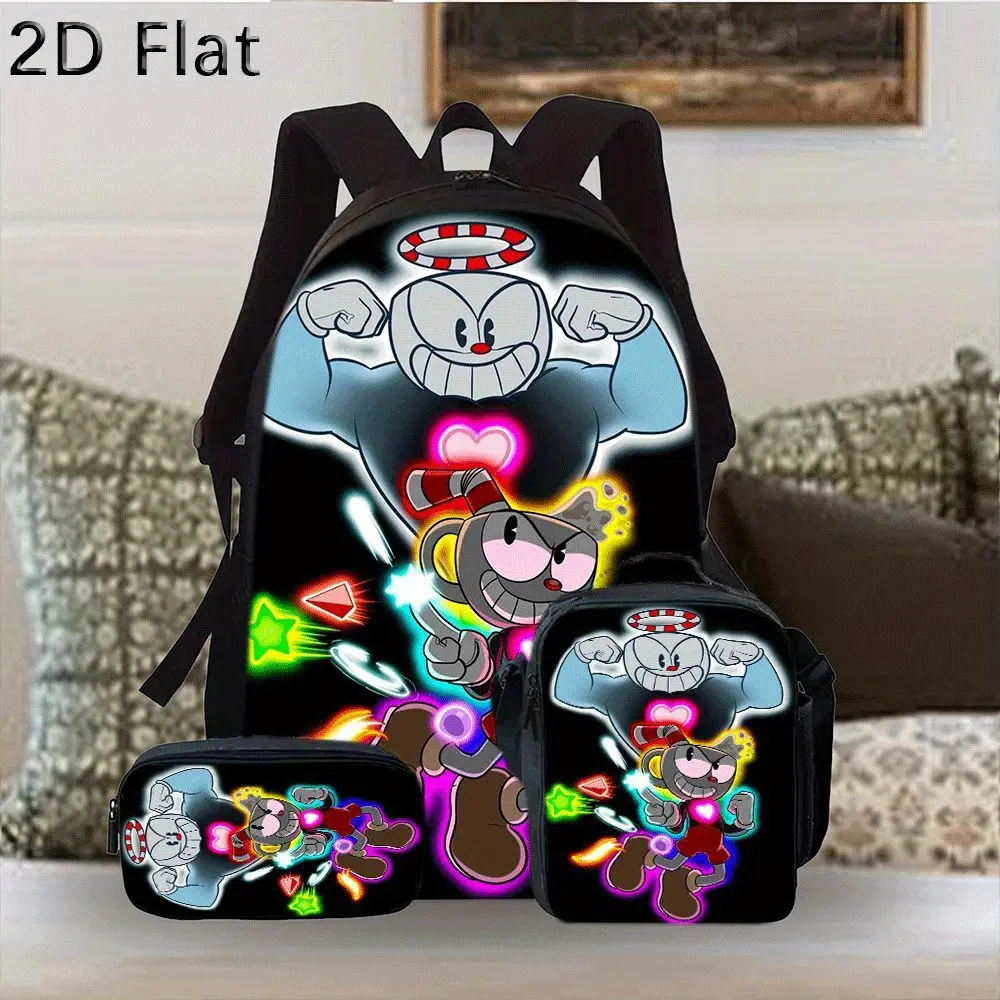 Cuphead Print Unisex 5-Piece Crossbody/Shoulder Backpack Set - Athletic Chic Elementary School Essential for Friend, School/Travel Use, Built-in Organizer, 17.3x11x5.1in, Includes Backpack, Lunch Bag, Pencil Case, Travel Tote, Toiletries Bag, Do Not Wash