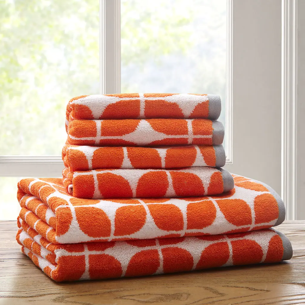 Nokaa Cotton Jacquard Bath Towel 6 Piece Set, Soft Absorbent Quick Dry Towels, Geometric Print Dobby Border, Oeko-Tex Certified, Machine Washable, for Bathroom Spa Guest Bath, 2 Bath 4 Hand Towels, Orange