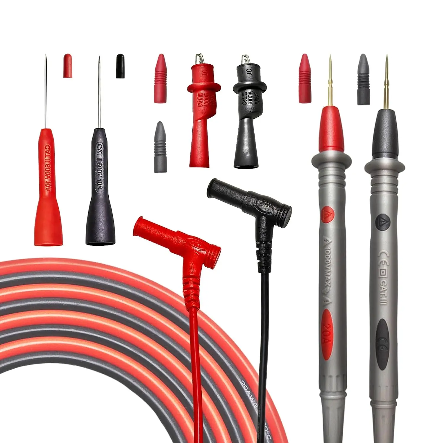 Multimeter Leads Kit, 49-Inch  Test Leads,  III 1000V 20A |  probe accessories; -plated tips;  clips; 0.8 mm  probes; fits Fluke,  and  meters