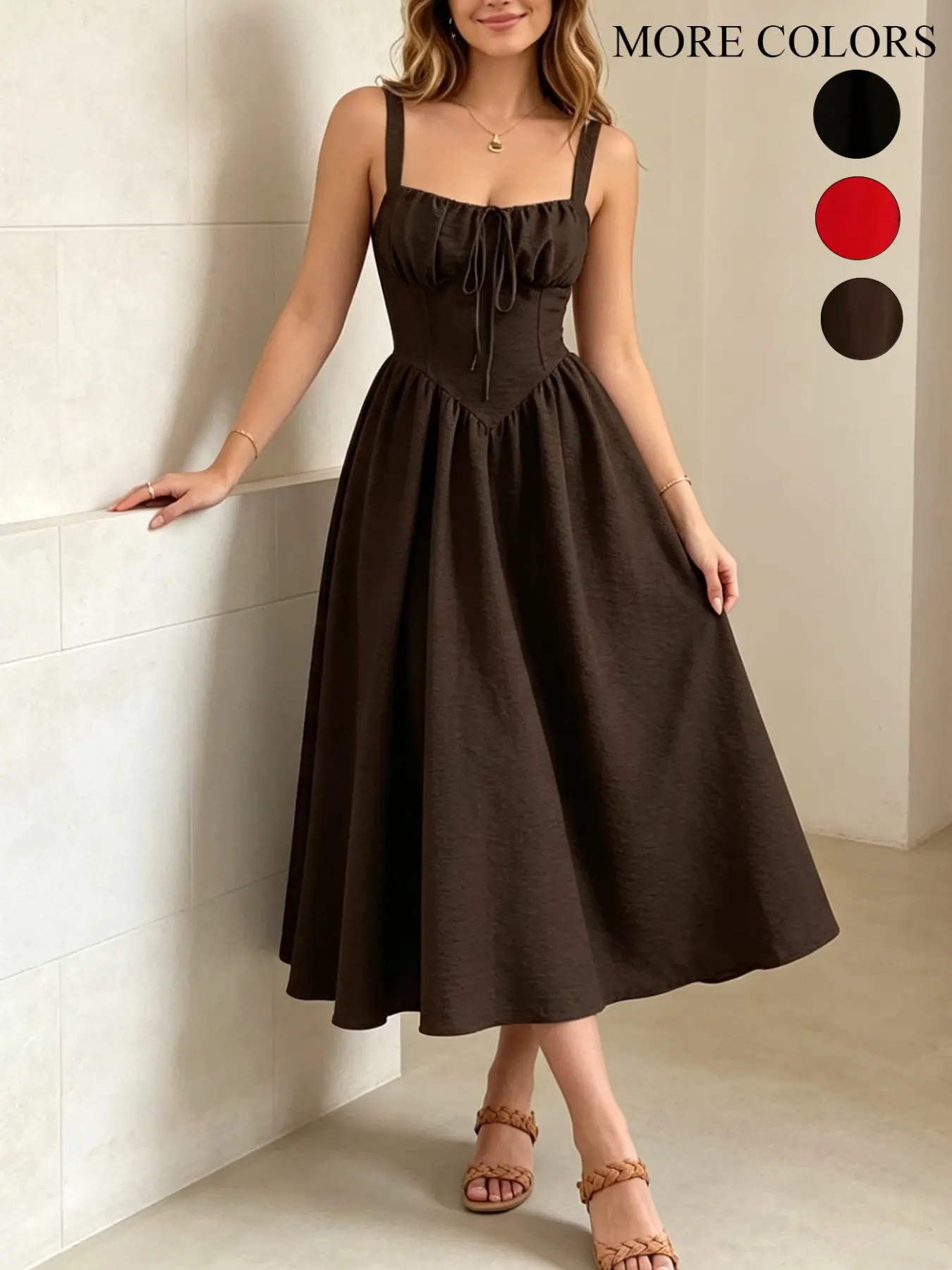 omen Square Neck Spaghetti Strap Maxi Dress, Front Lace Up Corset Waist Backless A-Line Flared Sundress, Textured Elegant Long Dress for Wedding Guest, Dinner Party, Beach Vacation, Dating, Street Shoot, Brunch & Semi-Formal Events