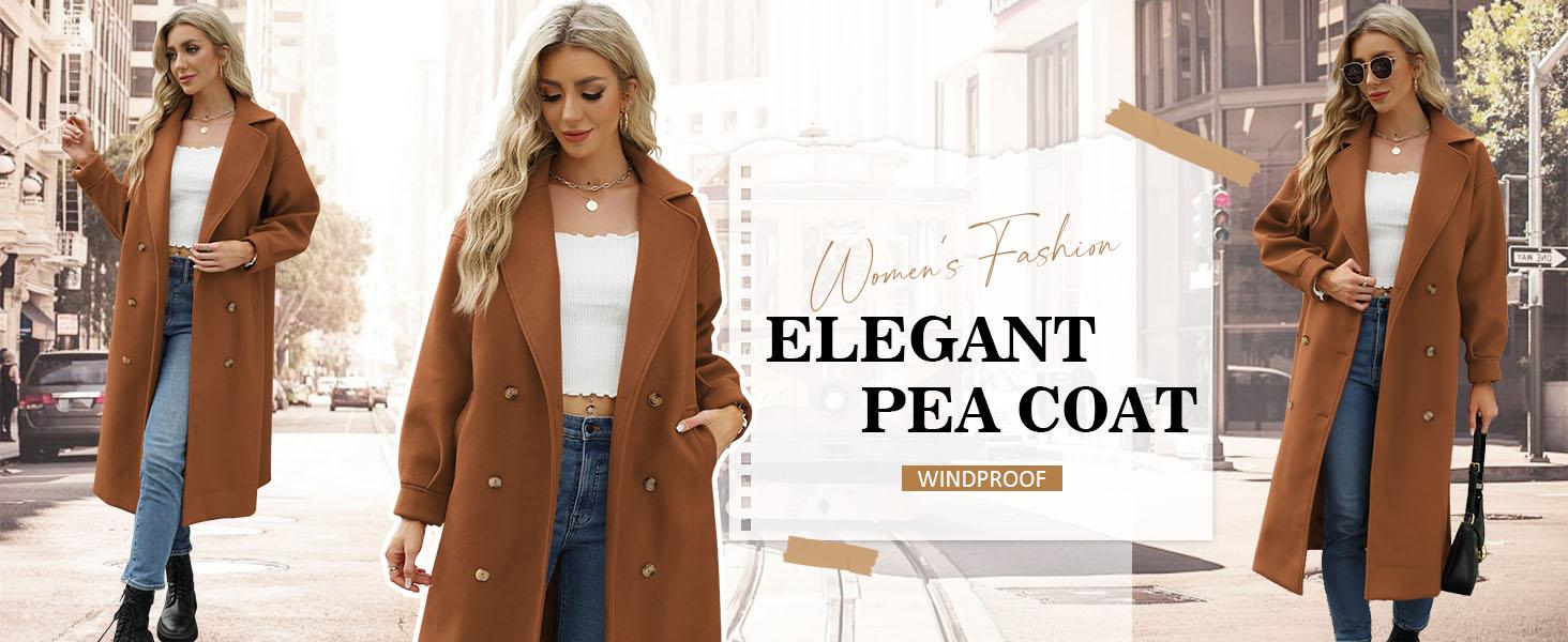 Women's Long Coat Notched Lapel Collar Double Breasted Pea Coat Winter Elegant Wool Blend Over Coats Jackets Women's Long Coat Notched Lapel Collar Double Breasted Pea Coat Winter Elegant Wool Blend Over Coats Jackets