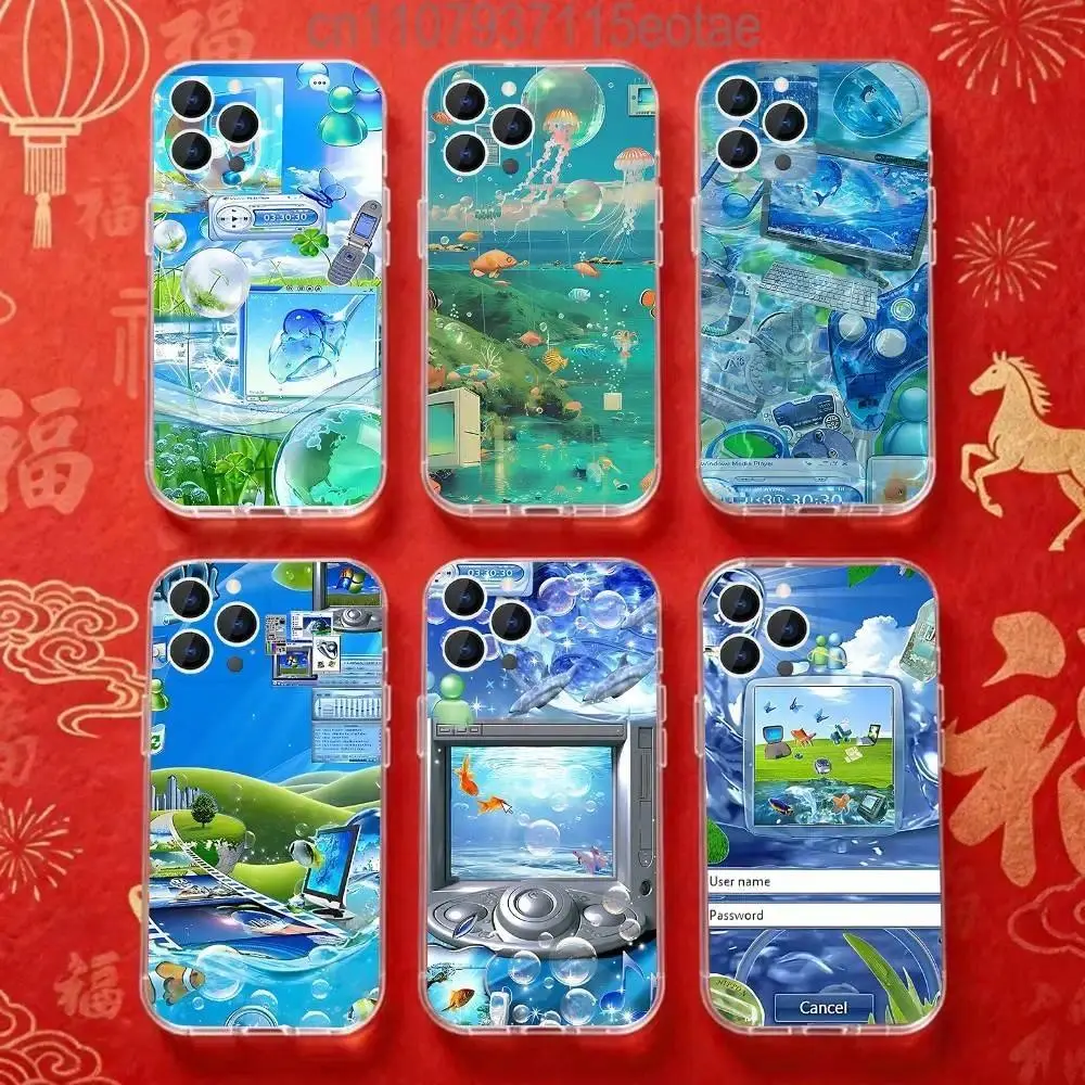 Frutiger Aero Aqua Nostalgia Art Transparent Soft Phone Case For iPhone 11-17 Pro Max/Plus & Samsung Galaxy S23-S25, Y2K Aesthetic Cover