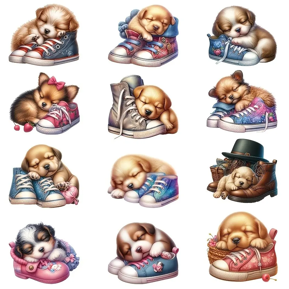 12 Pcs Cute Puppy & Sneaker Heat Transfer Stickers, Mixed Color Vinyl Decals for DIY T-Shirts, Jackets, Fashion Accessories, Creative Craft Gift