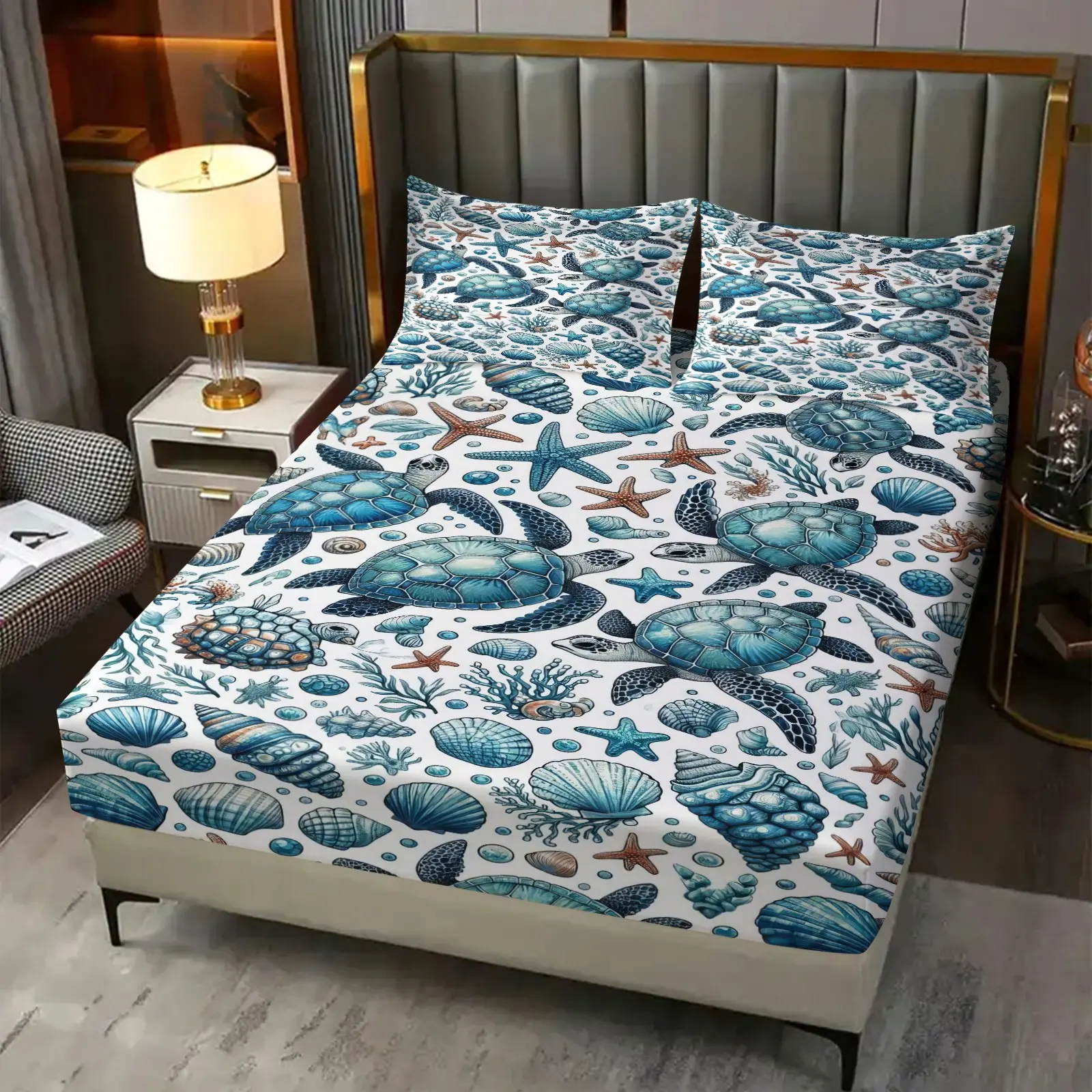 Marine Life Pattern Fitted Sheet Set, 3Pcs Digital Print Bedding Set, Perfect Ocean Themed Home Decor, Ideal Gift Sea Lovers, All Season. 2 Pillowcase, No Filling